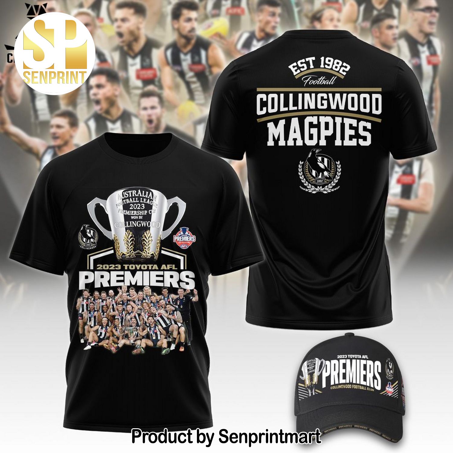 Australian Football League 2023 2023 Toyota AFL Premiers EST 1982 Football Collingwood Magpies Logo Full Printed 3D Shirt