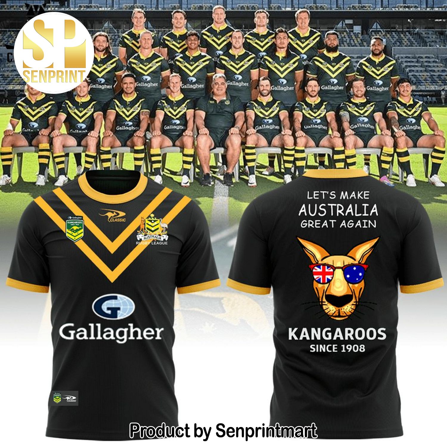 Australian Kangaroos Since 1908 Pacific Rugby League Championships Logo Black Full Printing 3D Shirt
