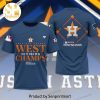 Back 2 Back 2 Back 2023 Al West Division Champions Houston Astros Logo Design Blue On Sleeve Full Print Shirt