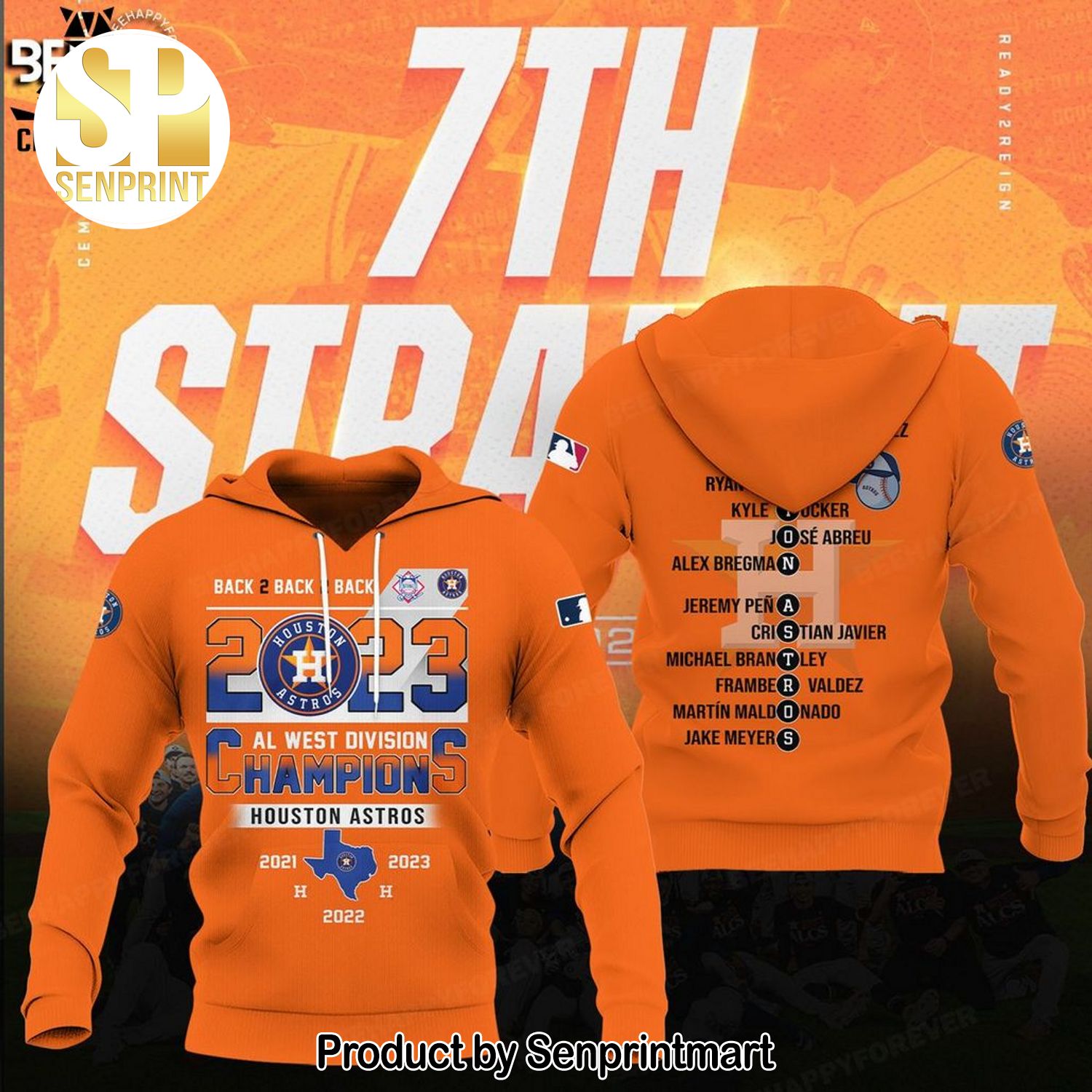 Back 2 Back 2 Back 2023 Al West Division Champions Houston Astros Logo Design Orange On Sleeve Full Printing Shirt