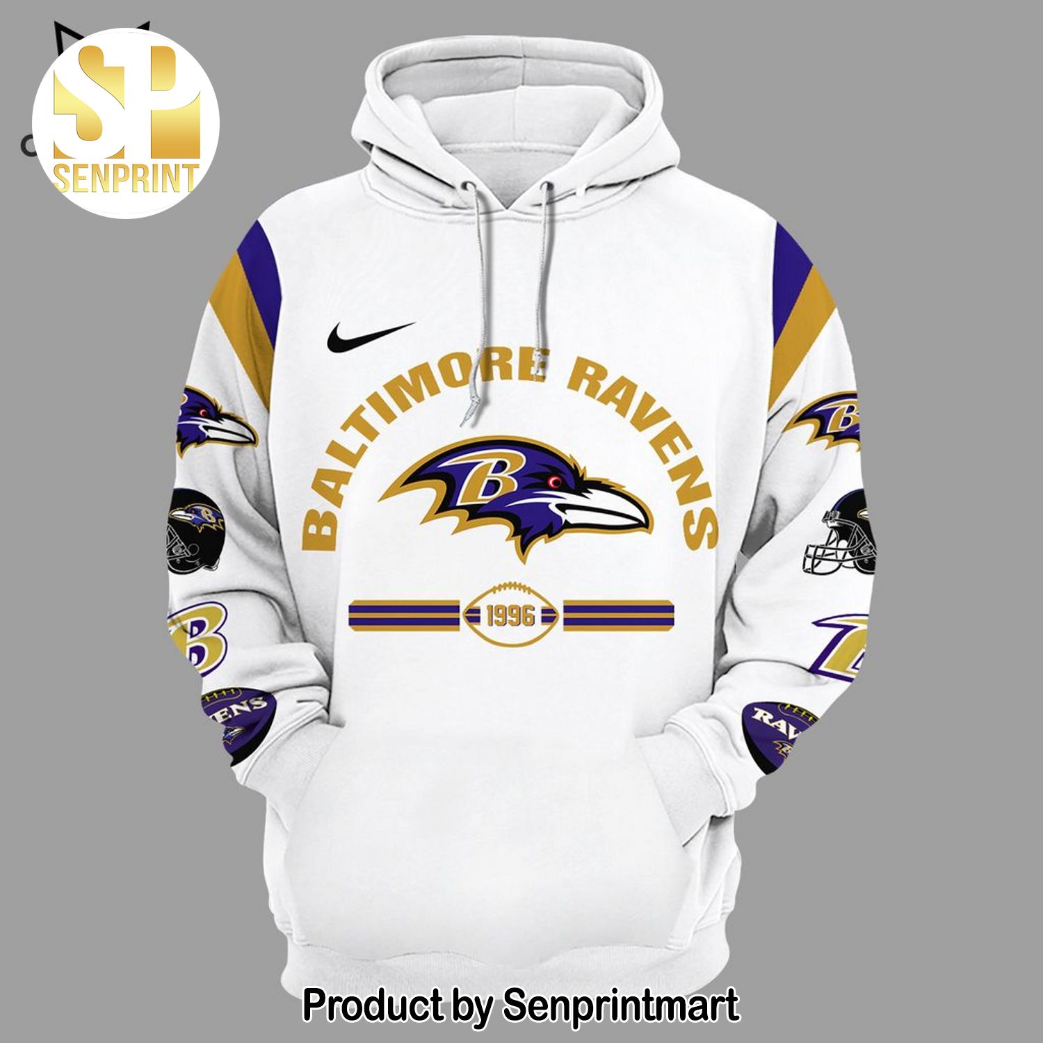 Baltimore Ravens 1996 Mascot Design White Full Print Shirt