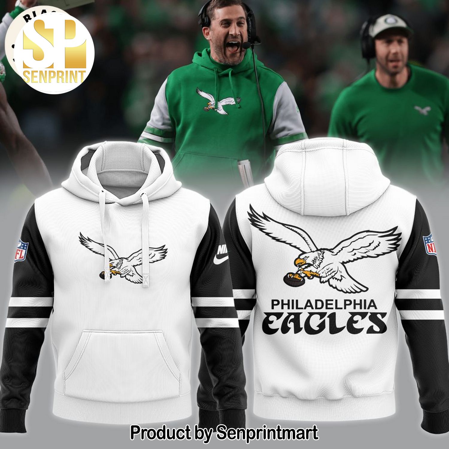 Coach Nicholas John Sirianni’s Philadelphia Eagles NFL Logo Black White Design Full Printing Shirt