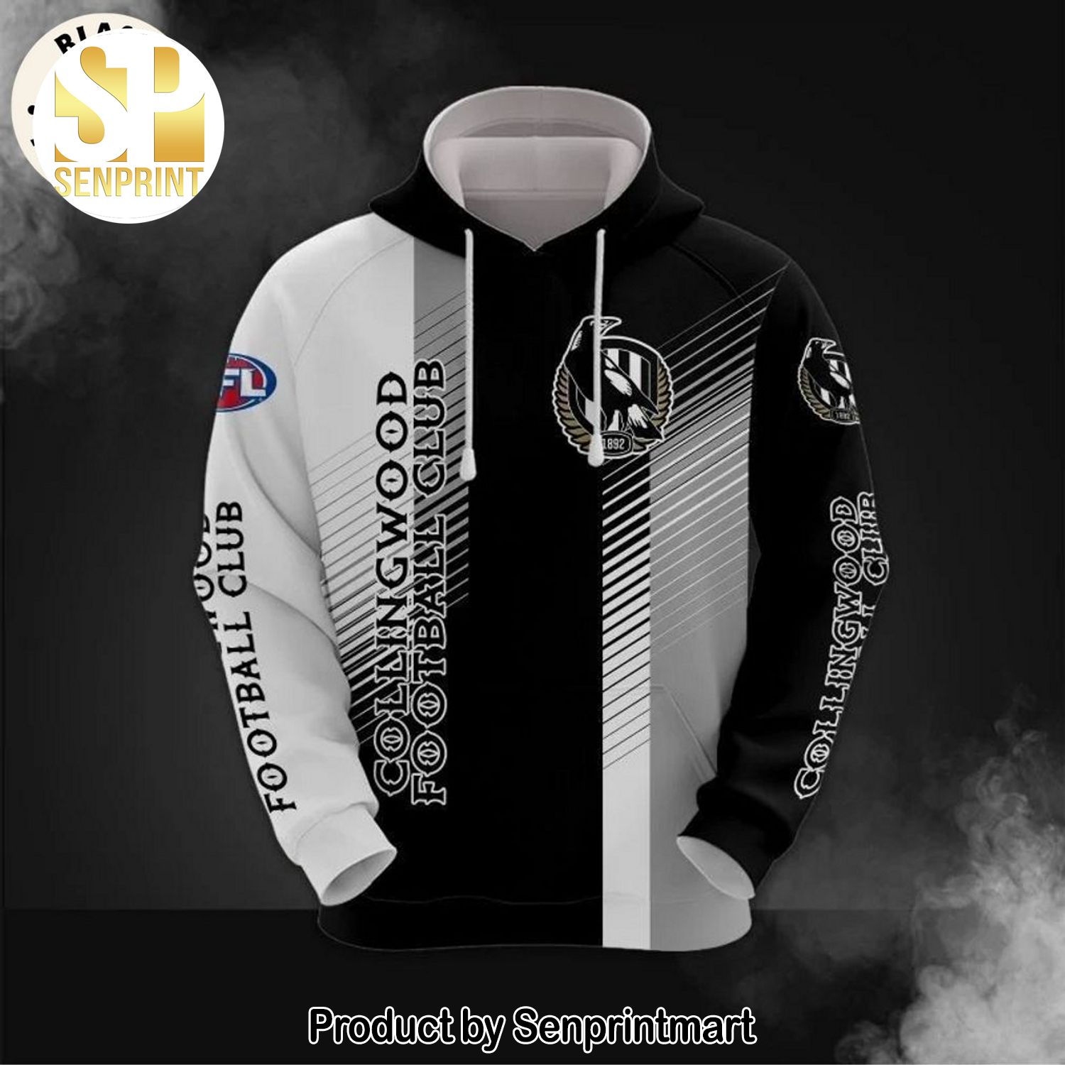 Collingwood Football Club Mascot White Black Mixed Together On Sleeve Design Full Print Shirt