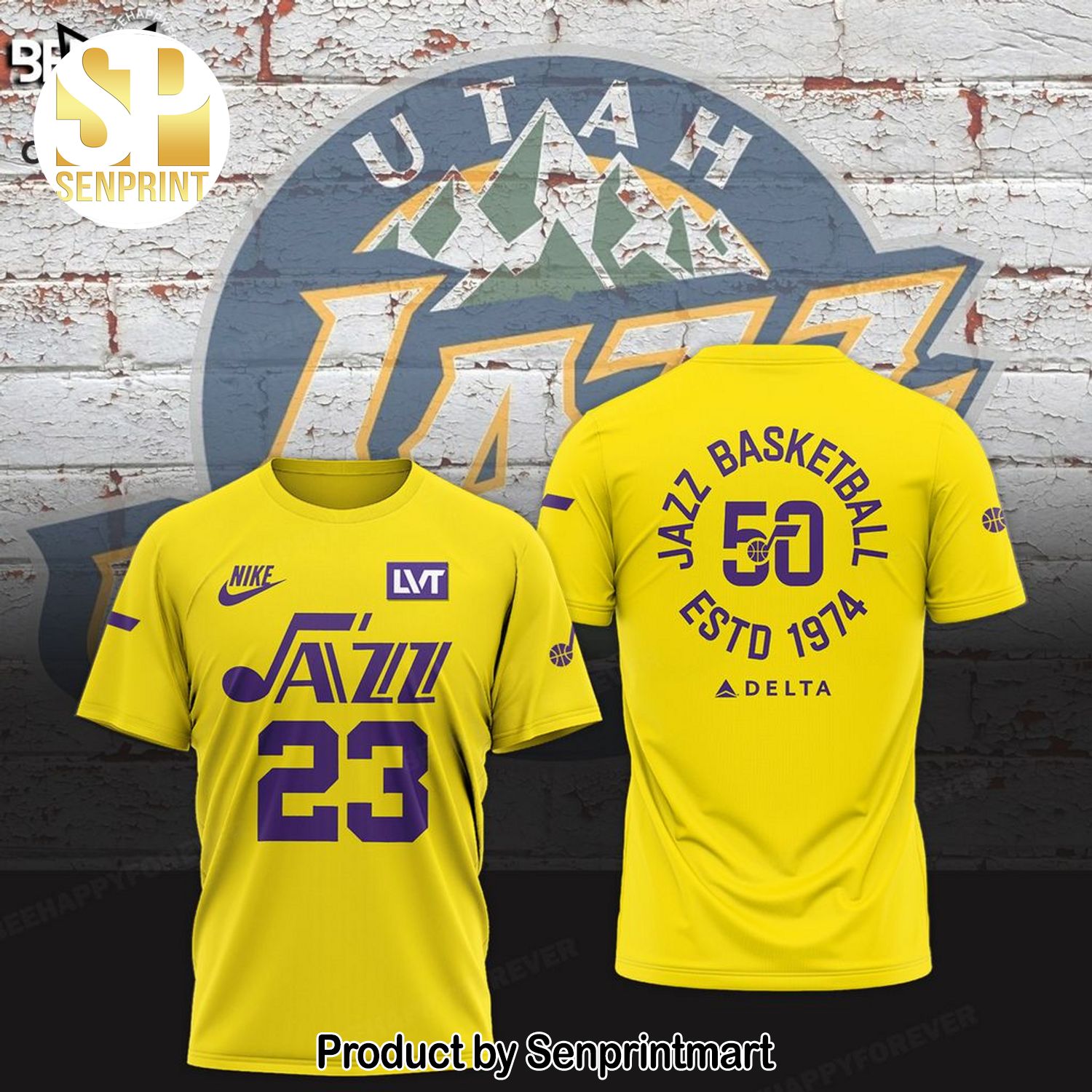 Jazz Basketball 50th Anniversary ESTD 1974 Yellow Design All Over Print Shirt