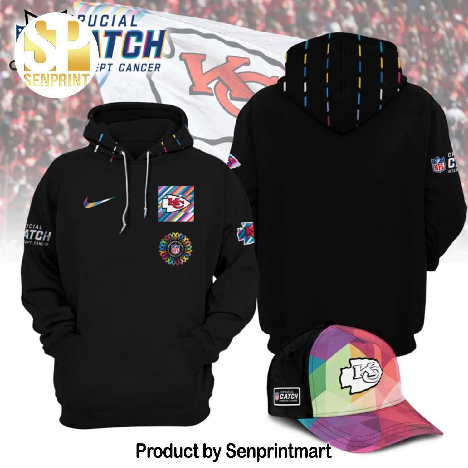 Kansas City Chiefs Black 2023 NFL Crucial Catch Rainbow Logo Design All Over Print Shirt