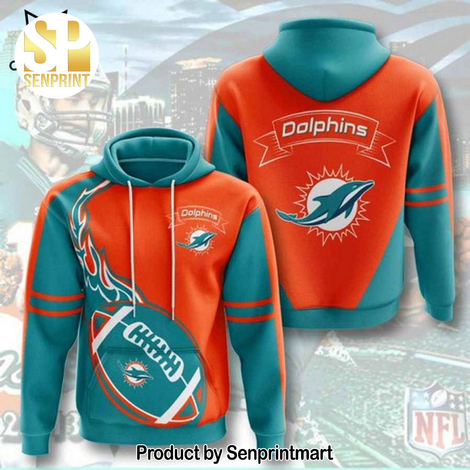 Miami Dolphins Orange Blue Mascot Design All Over Printed Shirt