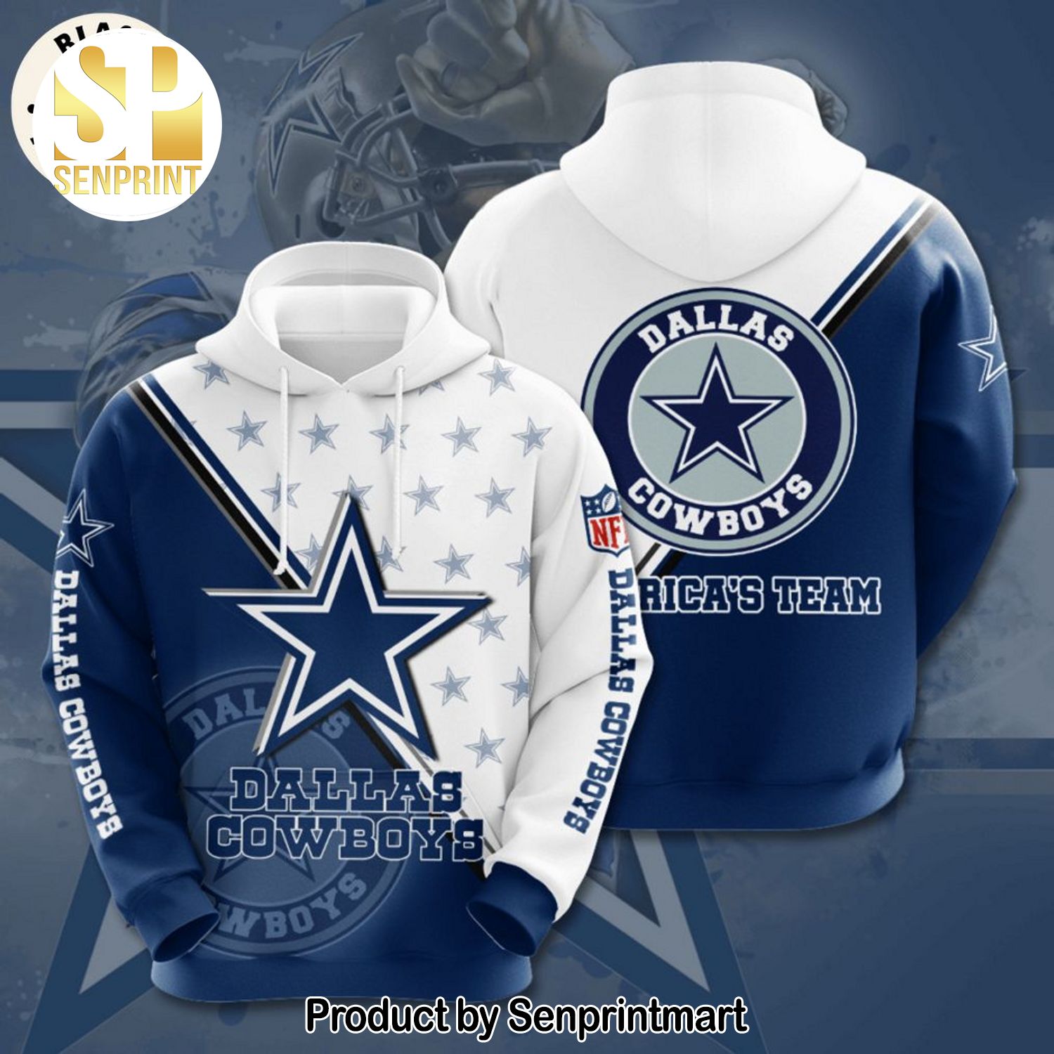 National Football League Dallas Cowboys White Blue Design Full Printing Shirt