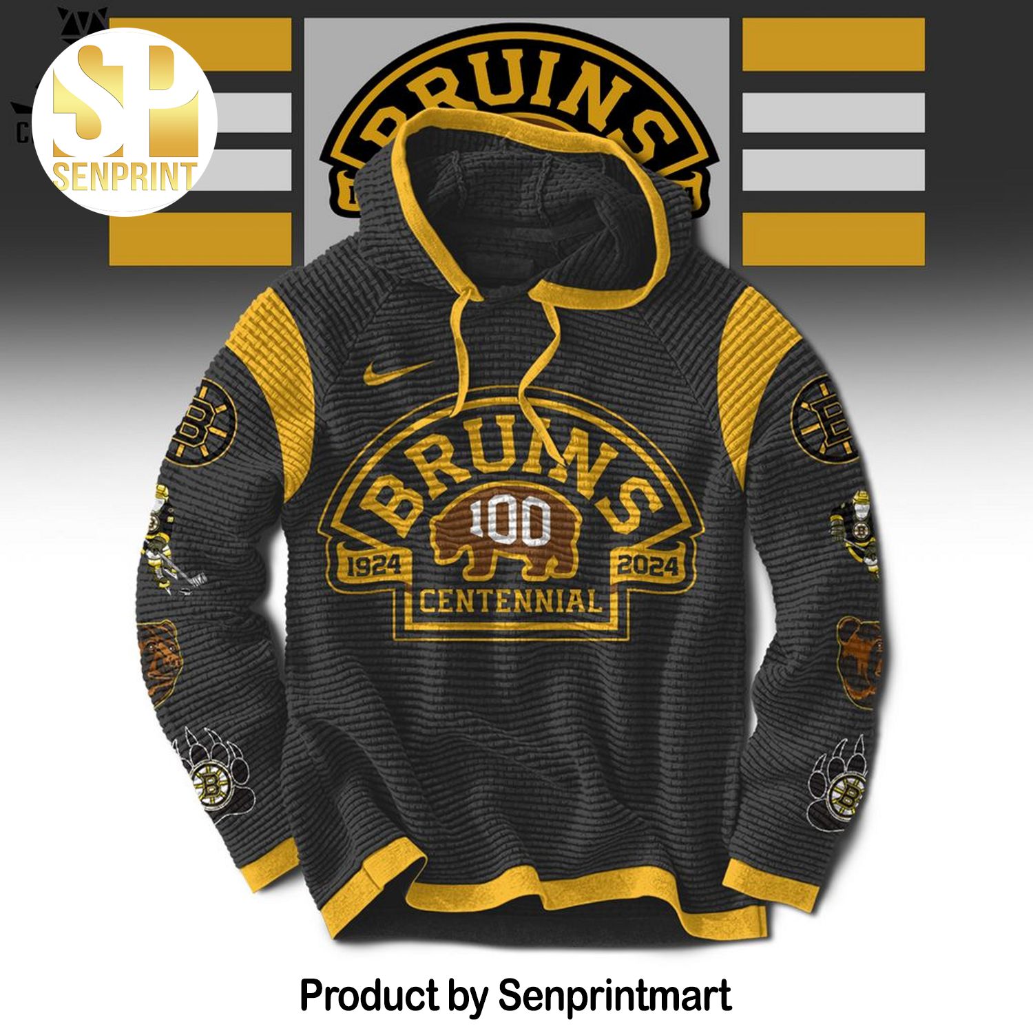 NHL Boston Bruins 100 Centennial Logo Design On Sleeve All Over Print Shirt