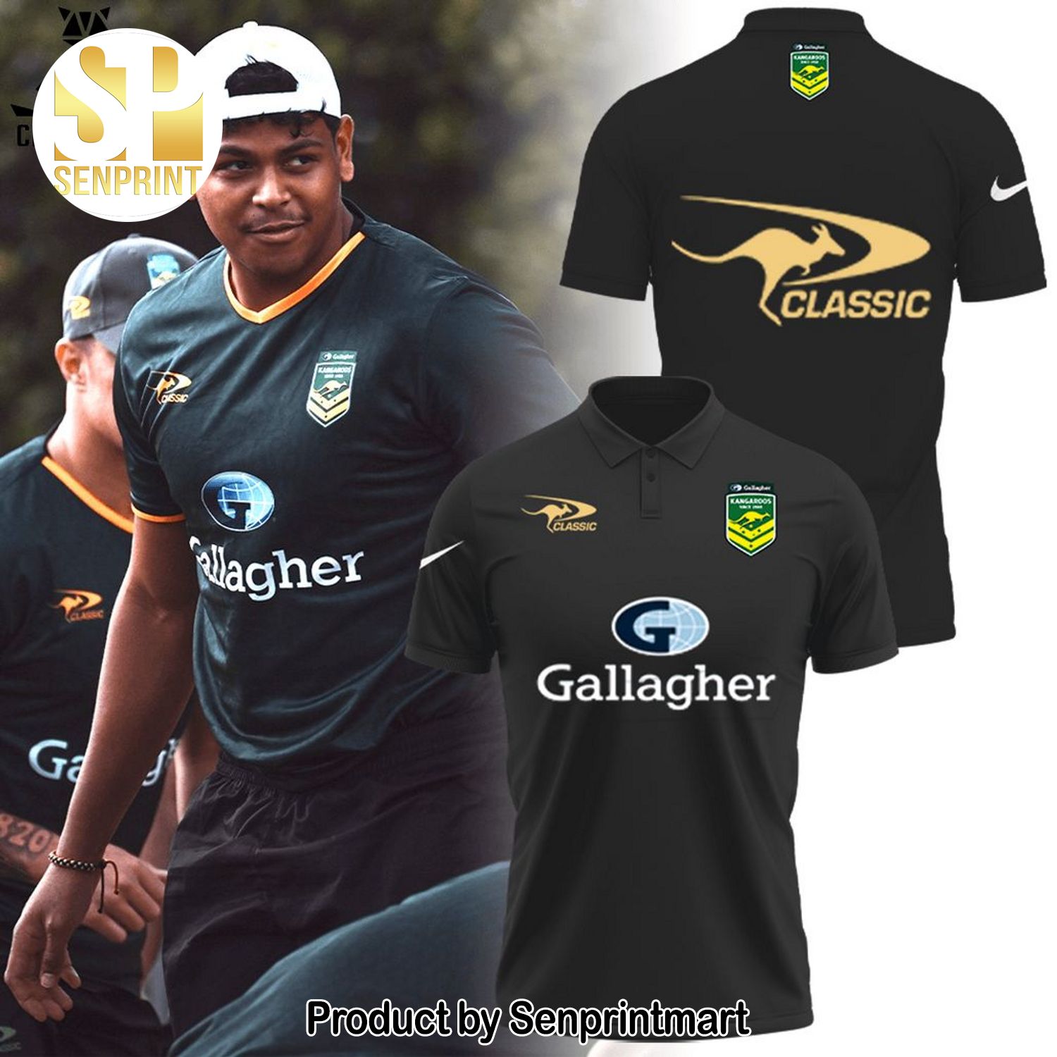 Personalized Australian Kangaroos Pacific Rugby League Championships Australian Gallagher Black With Yellow Trim 3D All Over Print Shirt