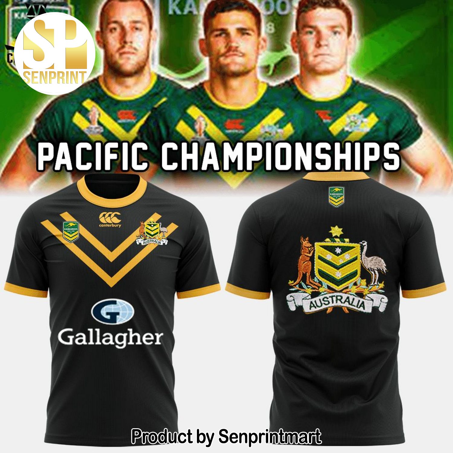 Personalized Australian Kangaroos Pacific Rugby League Championships Australian Gallagher Black With Yellow Trim 3D All Over Printed Shirt