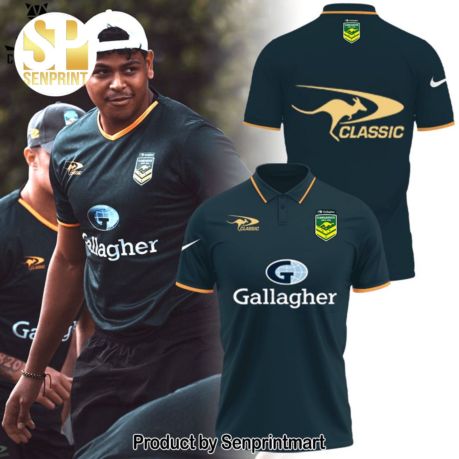 Personalized Australian Kangaroos Pacific Rugby League Championships Australian Gallagher Green With Yellow Trim 3D Full Print Shirt