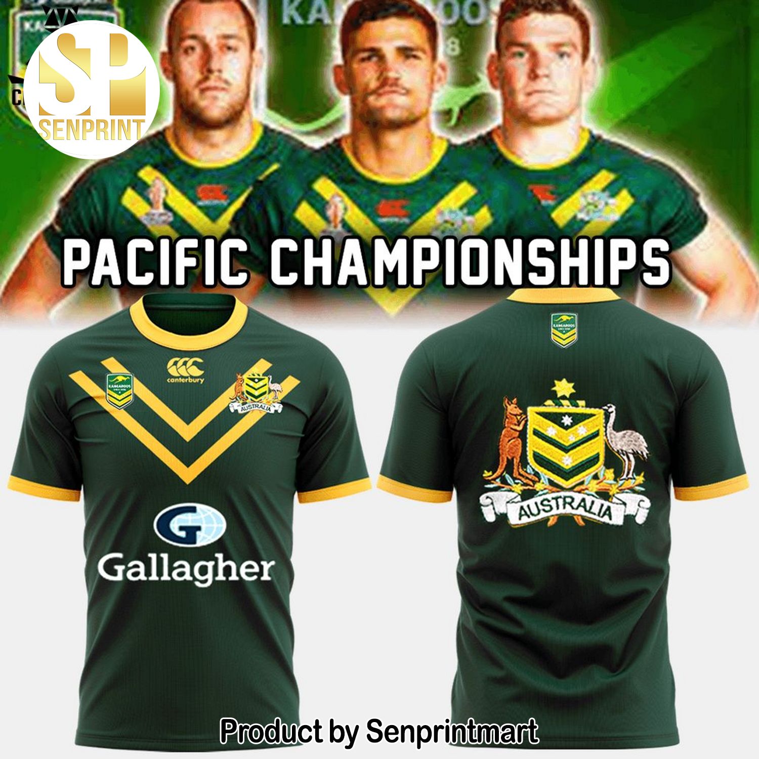 Personalized Australian Kangaroos Pacific Rugby League Championships Australian Gallagher Green With Yellow Trim 3D Full Printed Shirt