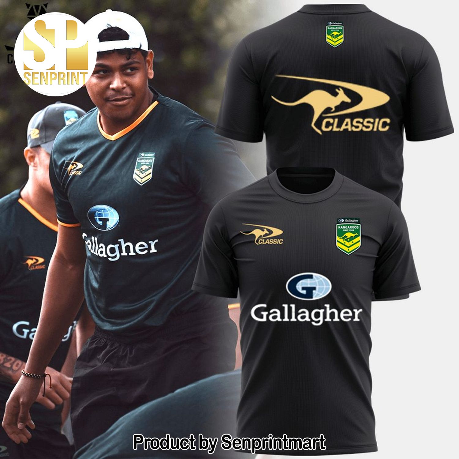 Personalized Australian Kangaroos Pacific Rugby League Championships Gallagher Black With Yellow Trim Full Printed 3D Shirt