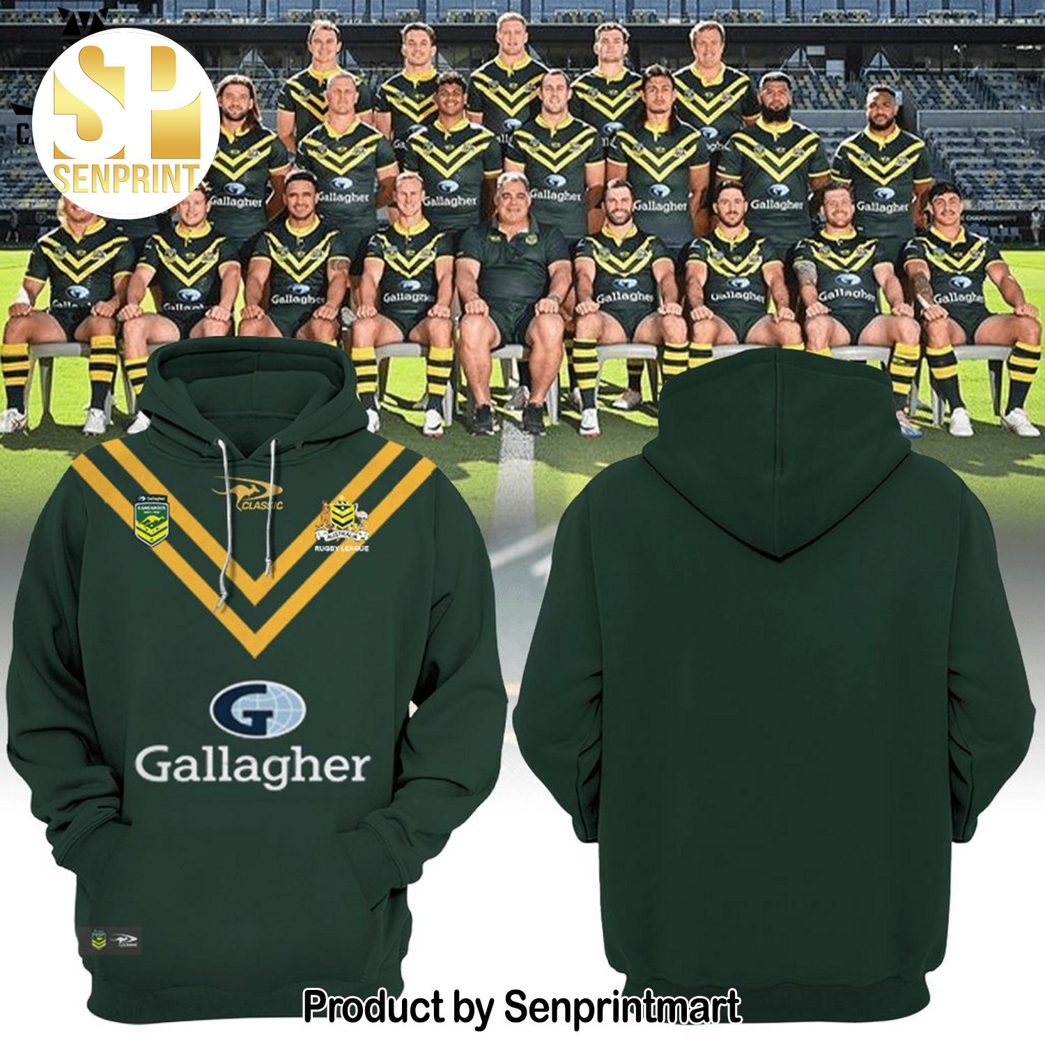 Personalized Australian Kangaroos Pacific Rugby League Championships Gallagher Green Design Full Printed Shirt
