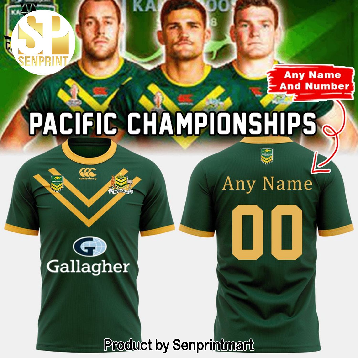 Personalized Australian Kangaroos Pacific Rugby League Championships Gallagher Green With Yellow Trim Full Print 3D Shirt