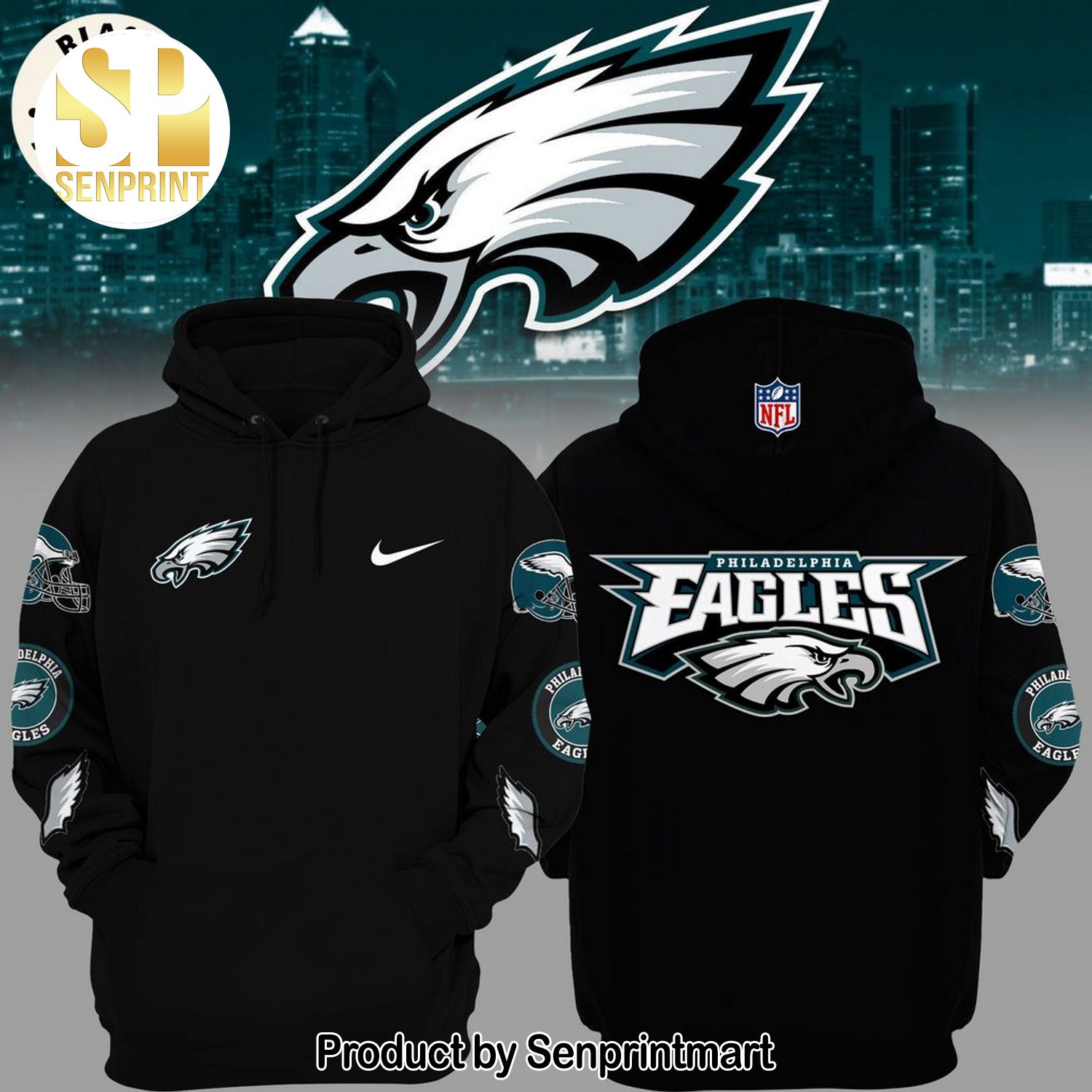 Philadelphia Eagles Football Logo Design On Sleeve Black All Over Printed Shirt