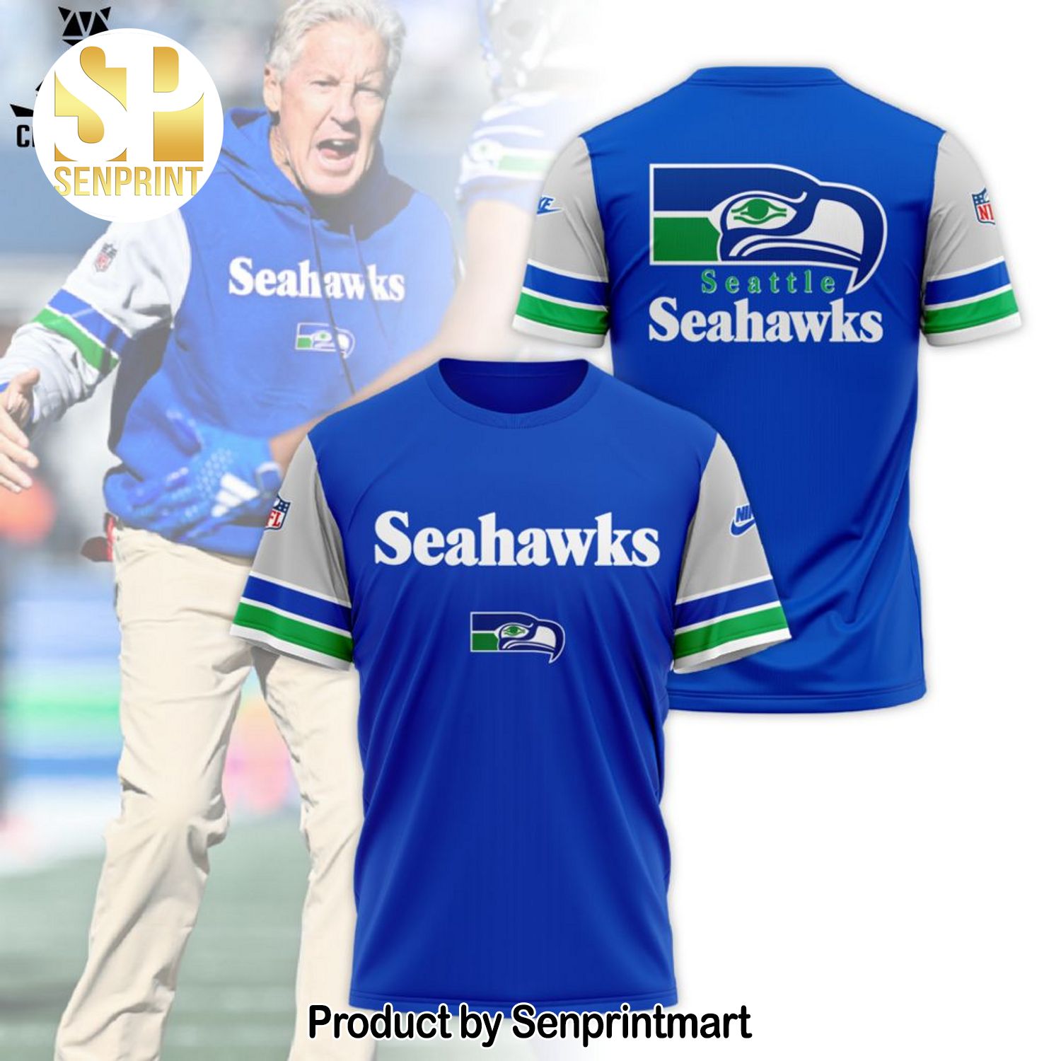 Seattle Seahawks Mascot Blue NFL Logo Full Print 3D Shirt