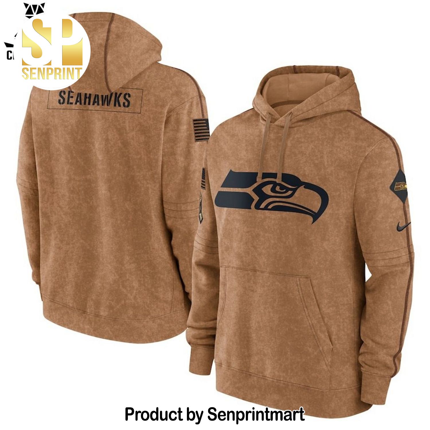 Seattle Seahawks Mascot Logo Brown On Sleeve Full Printed Shirt