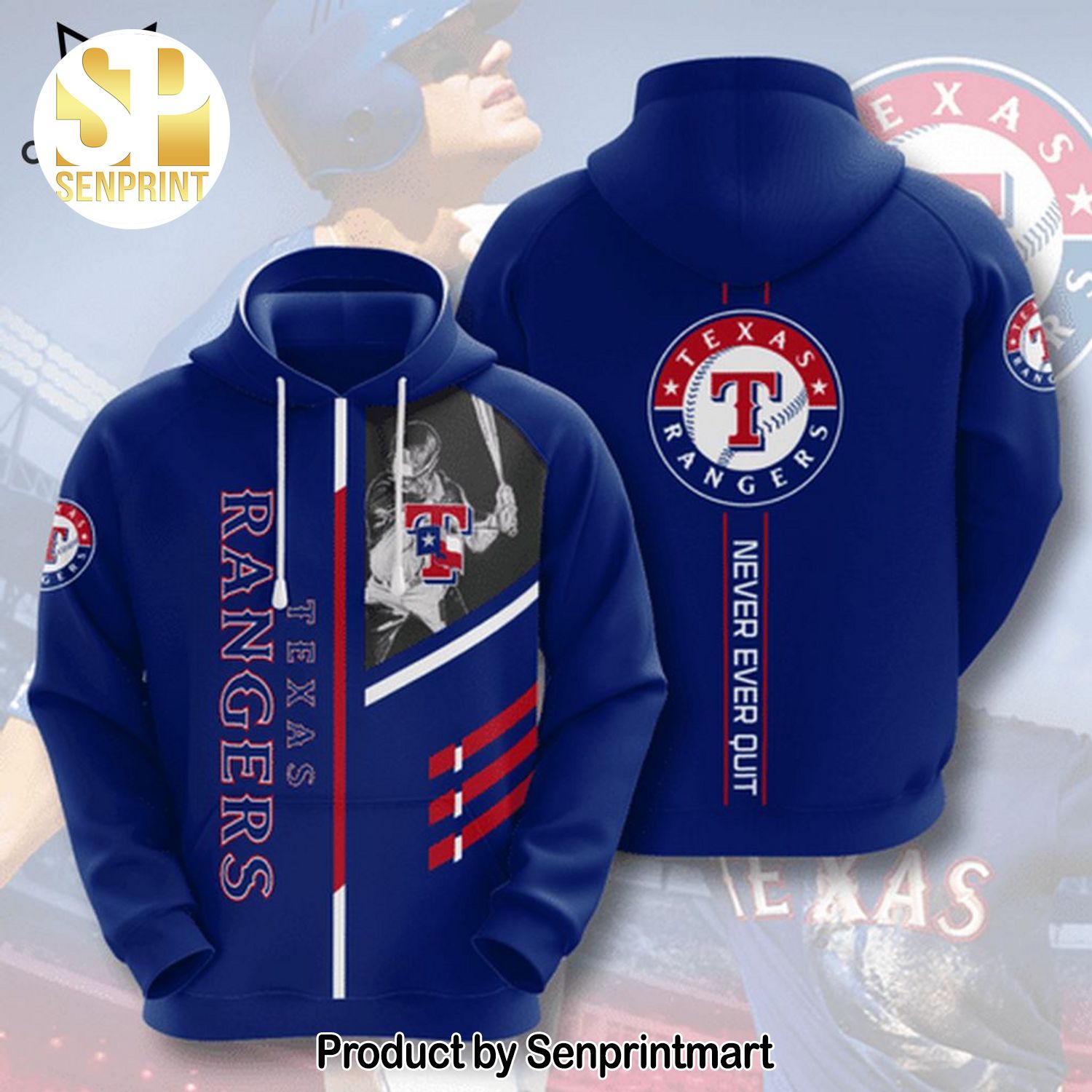 Texas Rangers Baseball Never Ever Quit Blue Design 3D Shirt