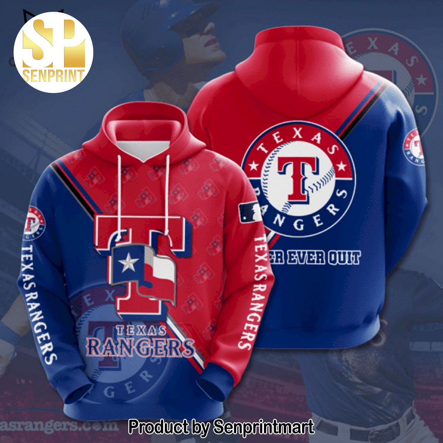 Texas Rangers Baseball Never Ever Quit Blue Red Design Full Printed Shirt