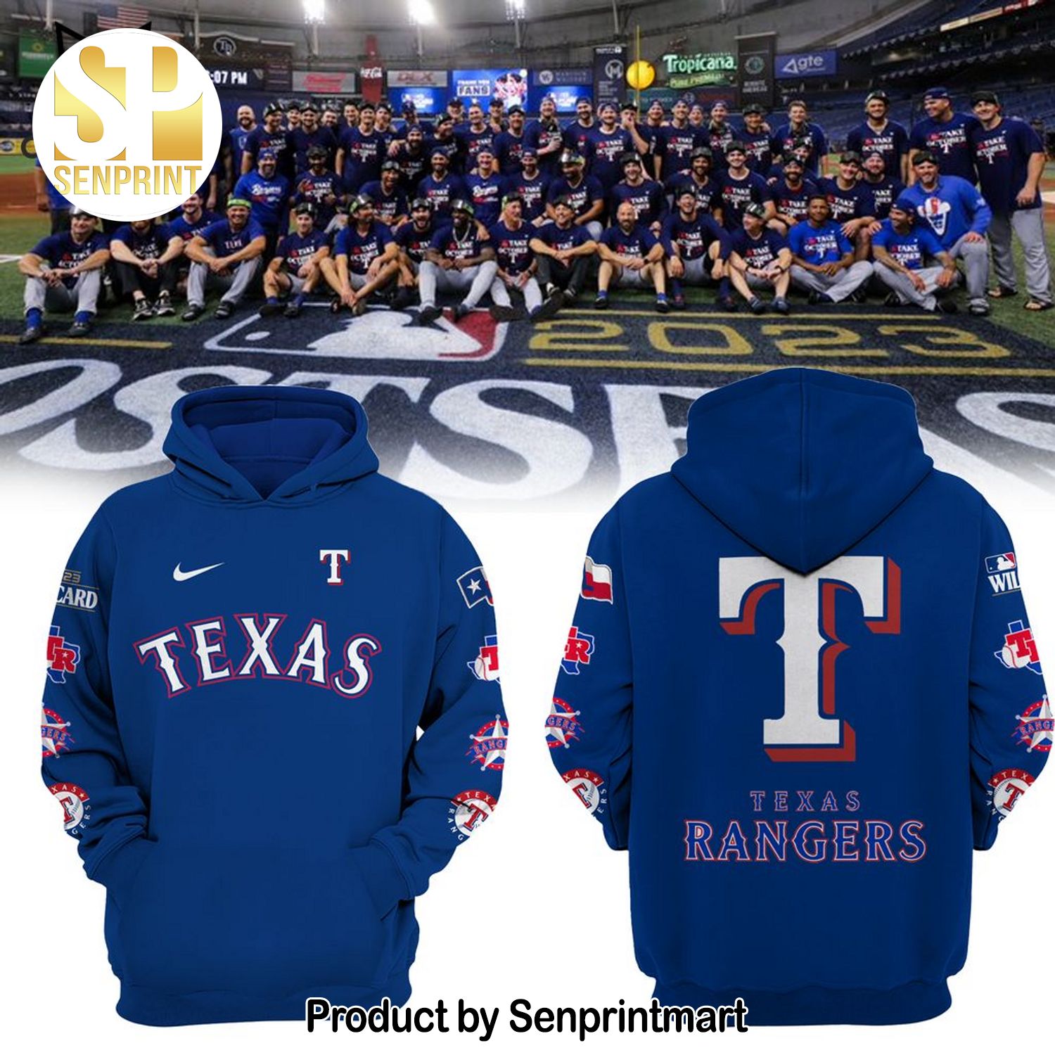 Texas Rangers Logo Design On Sleeve Blue All Over Print Shirt