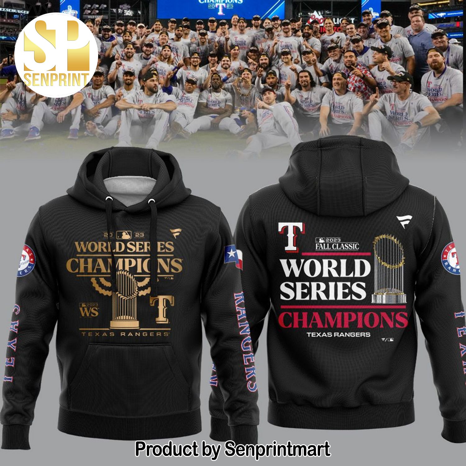 Texas Rangers World Series Champions 2023 Logo Design On Sleeve Black Design 3D Shirt