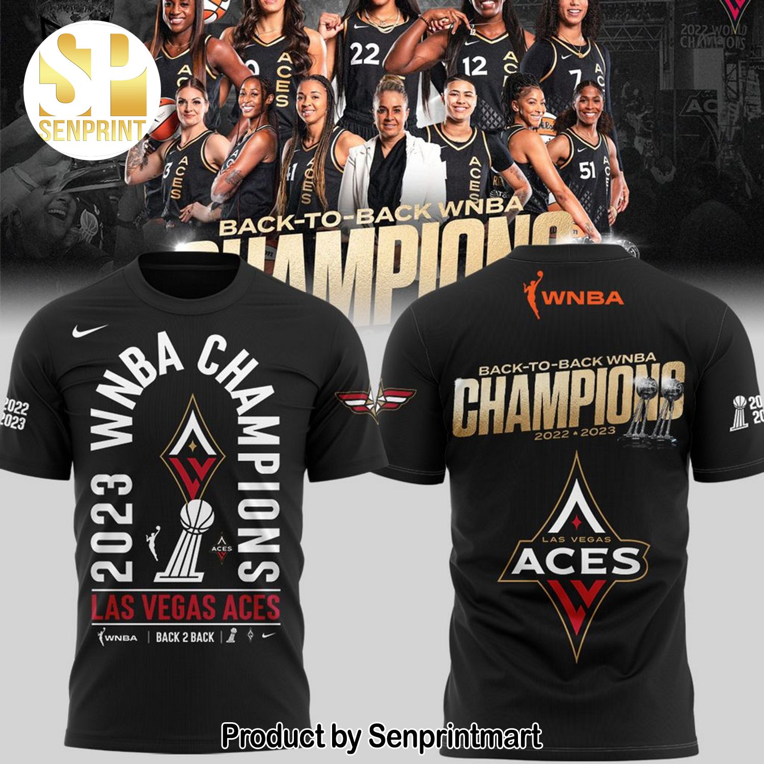 WNBA Back To Back Champions 2022-2023 Las Vegas Aces Full Printing 3D Shirt