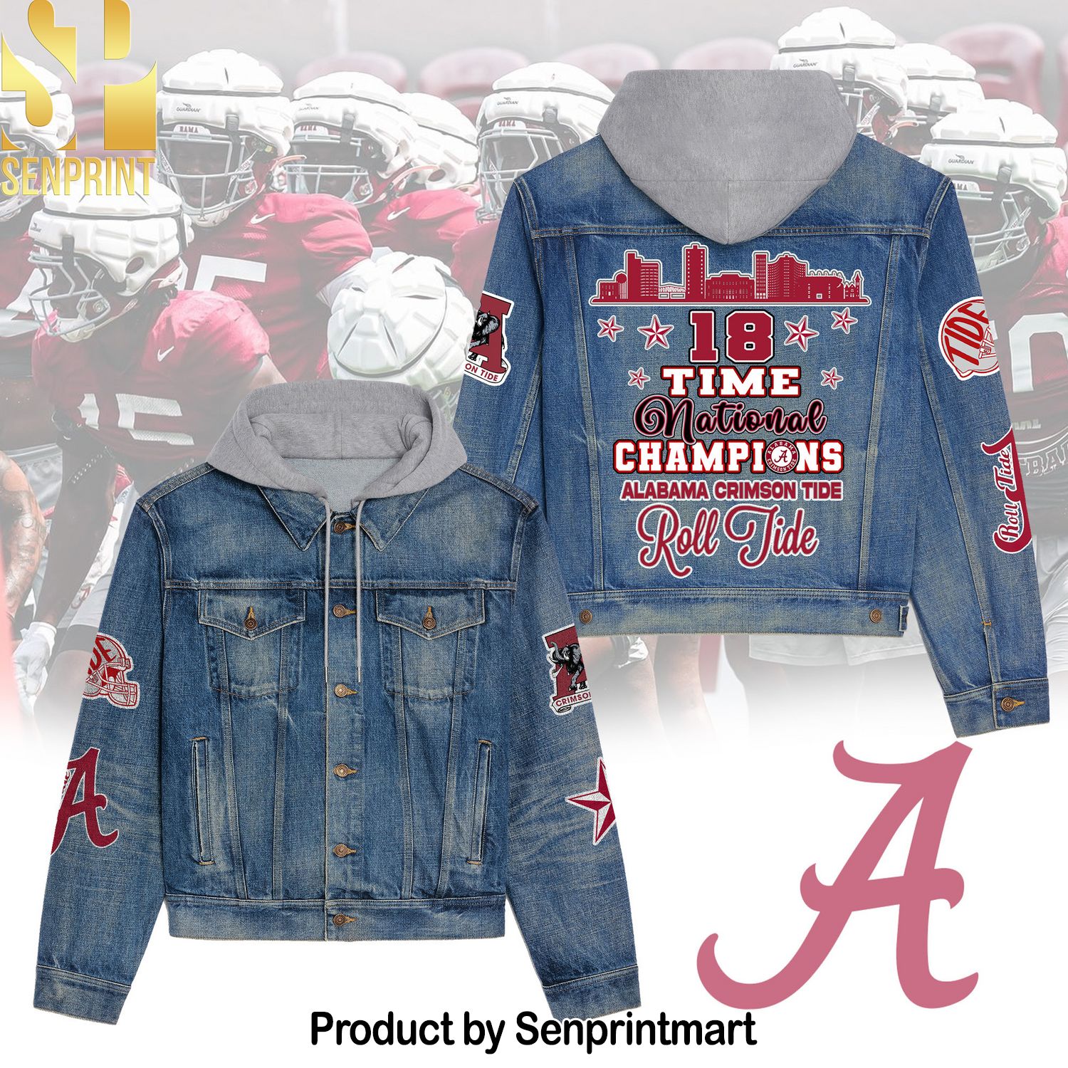 Alabama Crimson Tide Football Casual Hooded Denim Jacket