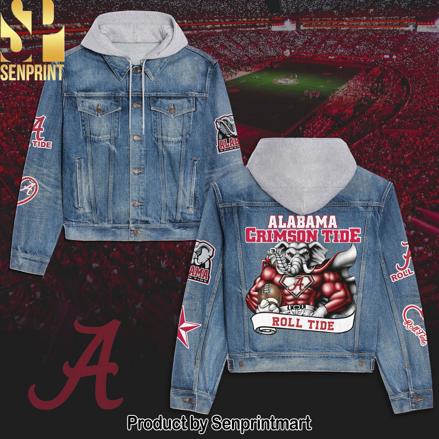 Alabama Crimson Tide Football Hooded Denim Jacket