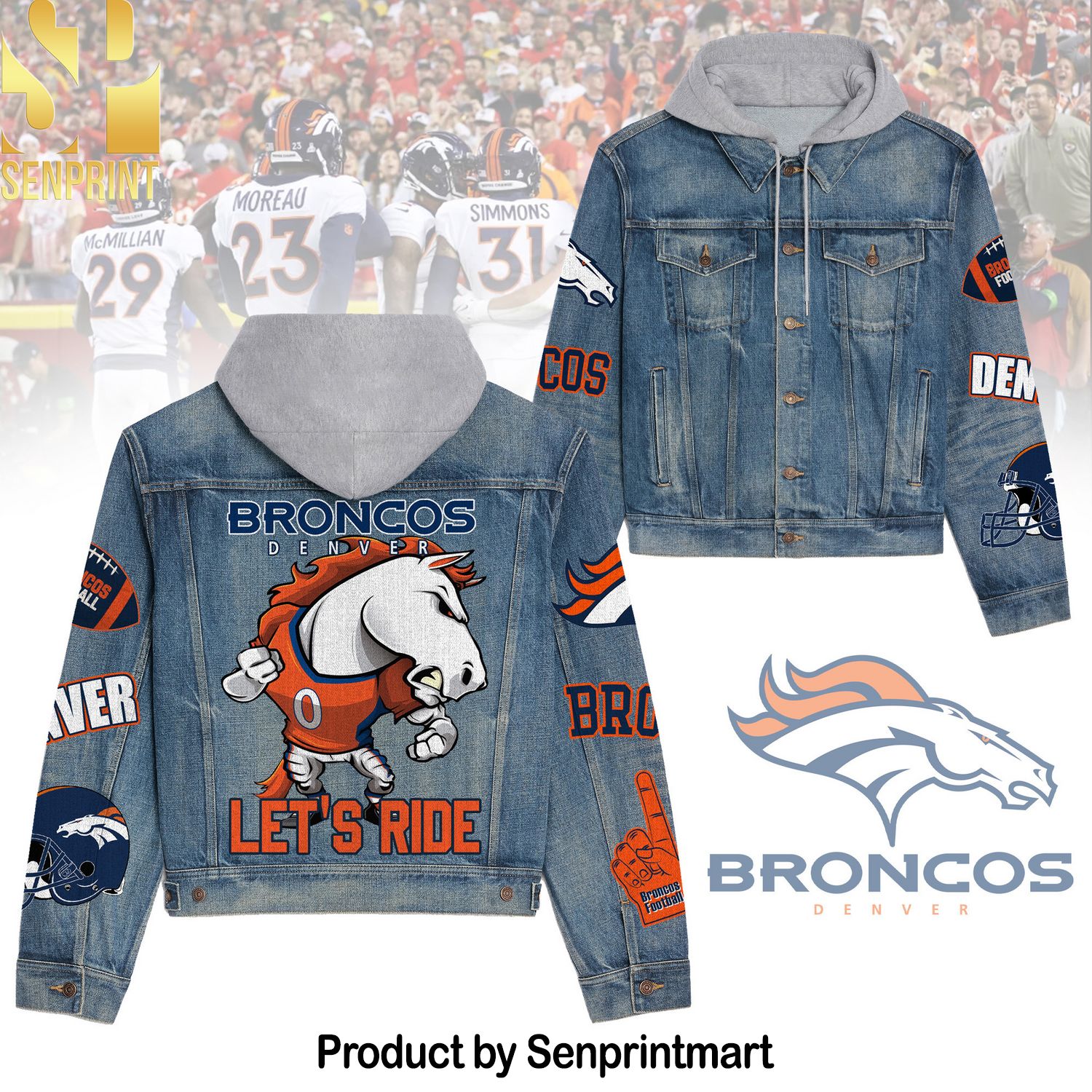 Denver Broncos Casual Hooded Denim Jacket