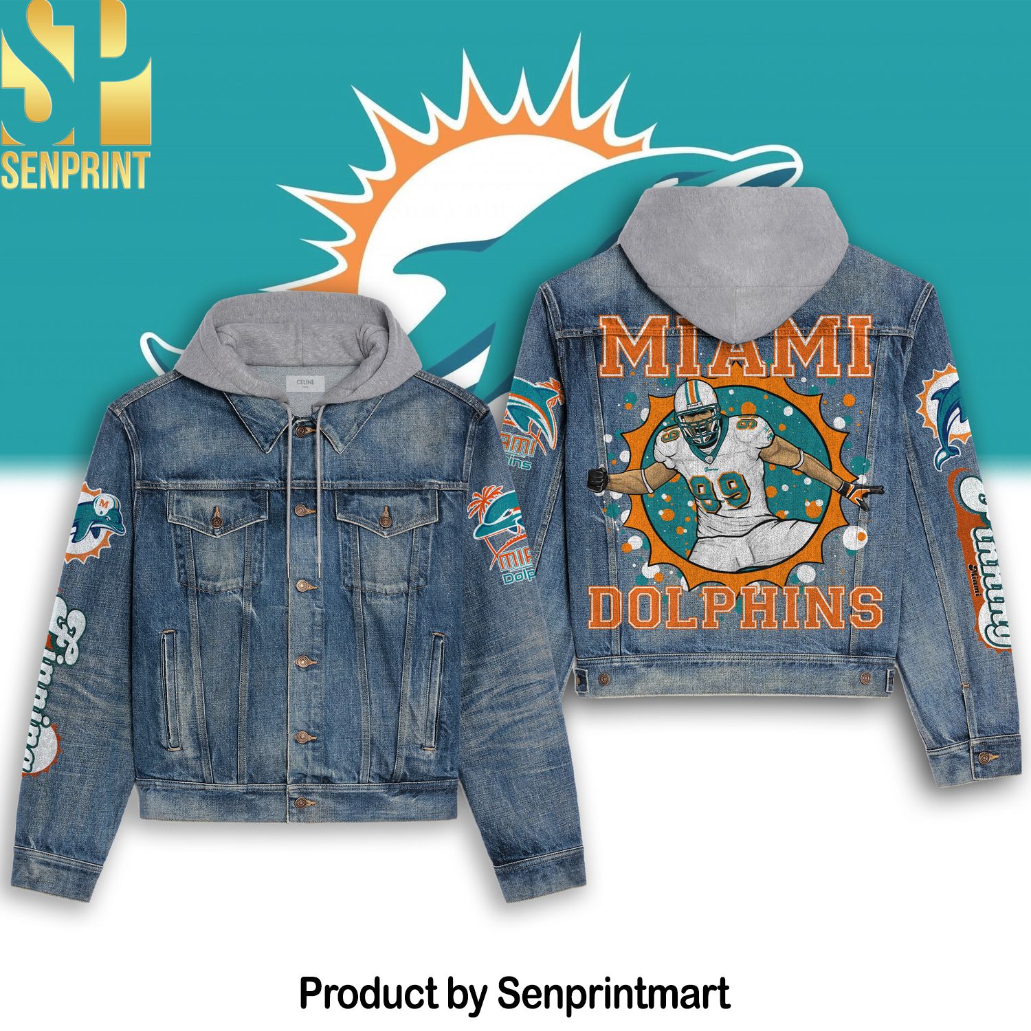 Miami Dolphins Casual Hooded Denim Jacket