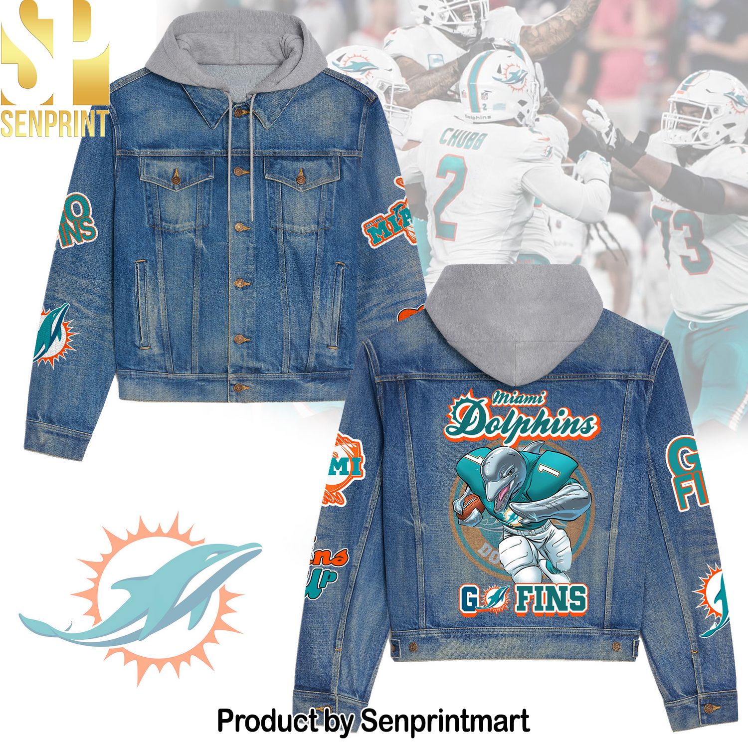 MMiami Dolphins Casual Hooded Denim Jacket