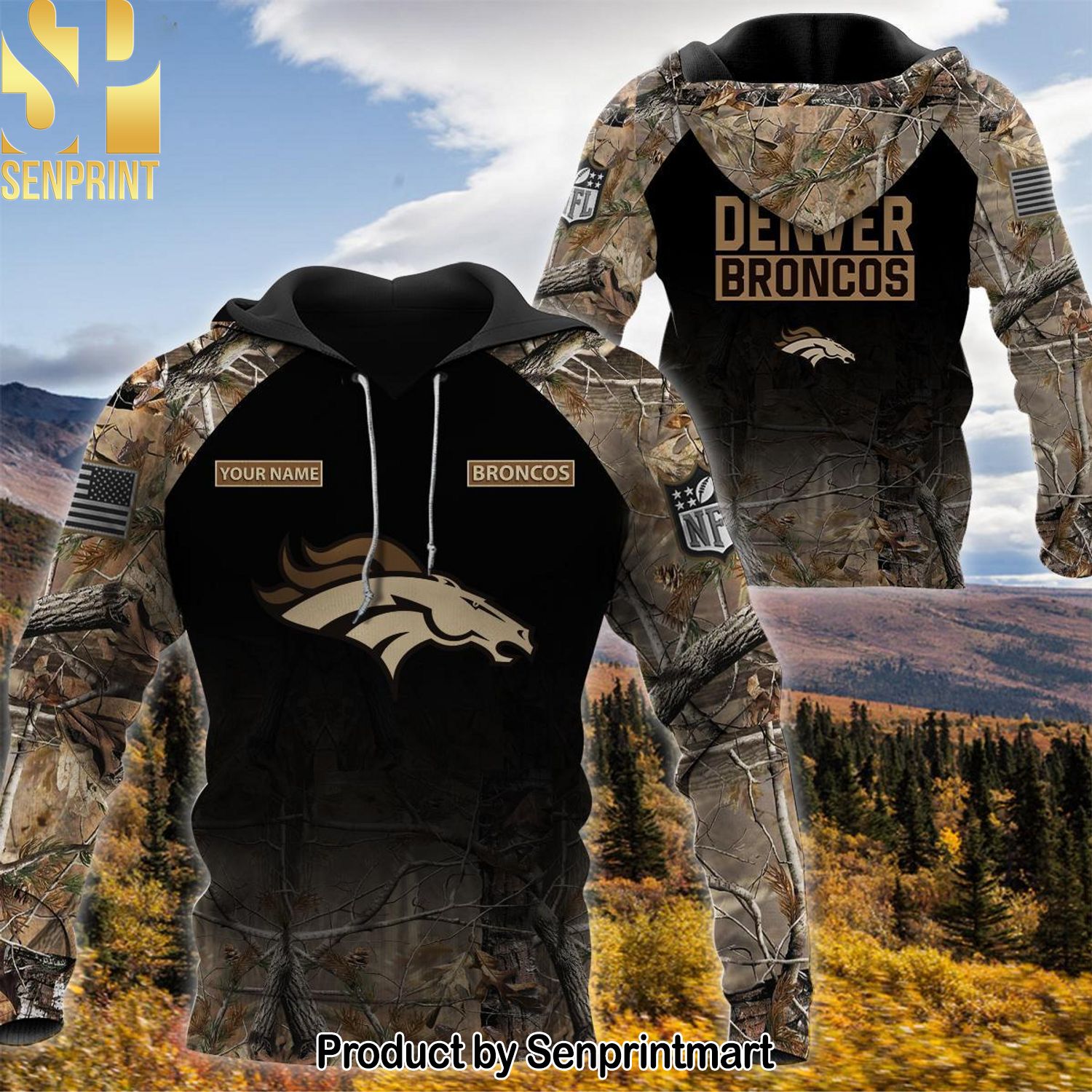 A Denver Broncos Personalized Your Name Hunting Camo Style Hot Version All Over Printed Shirt