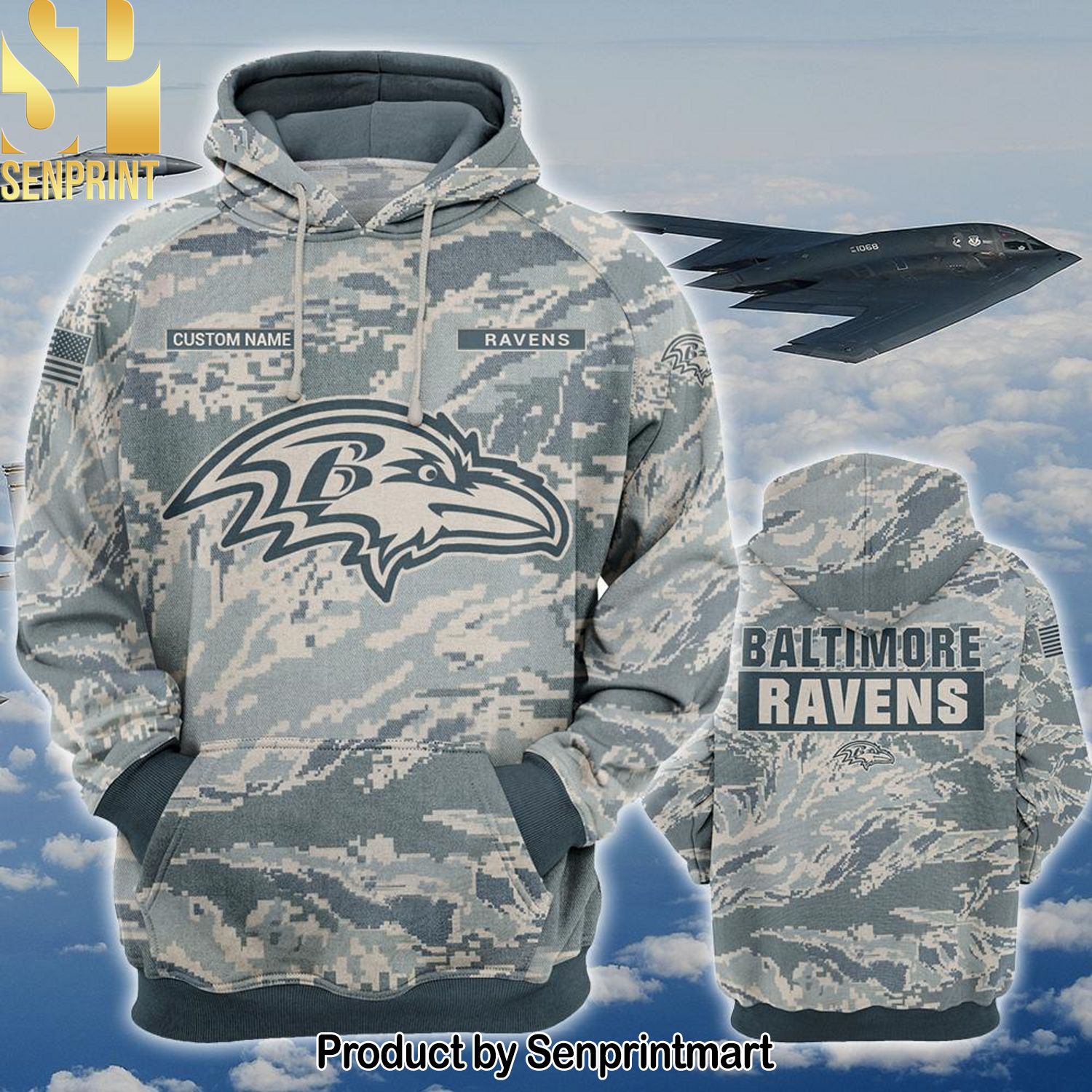 Personalized Your Name NFL Baltimore Ravens US Air Force ABU Camouflage Full Print Shirt