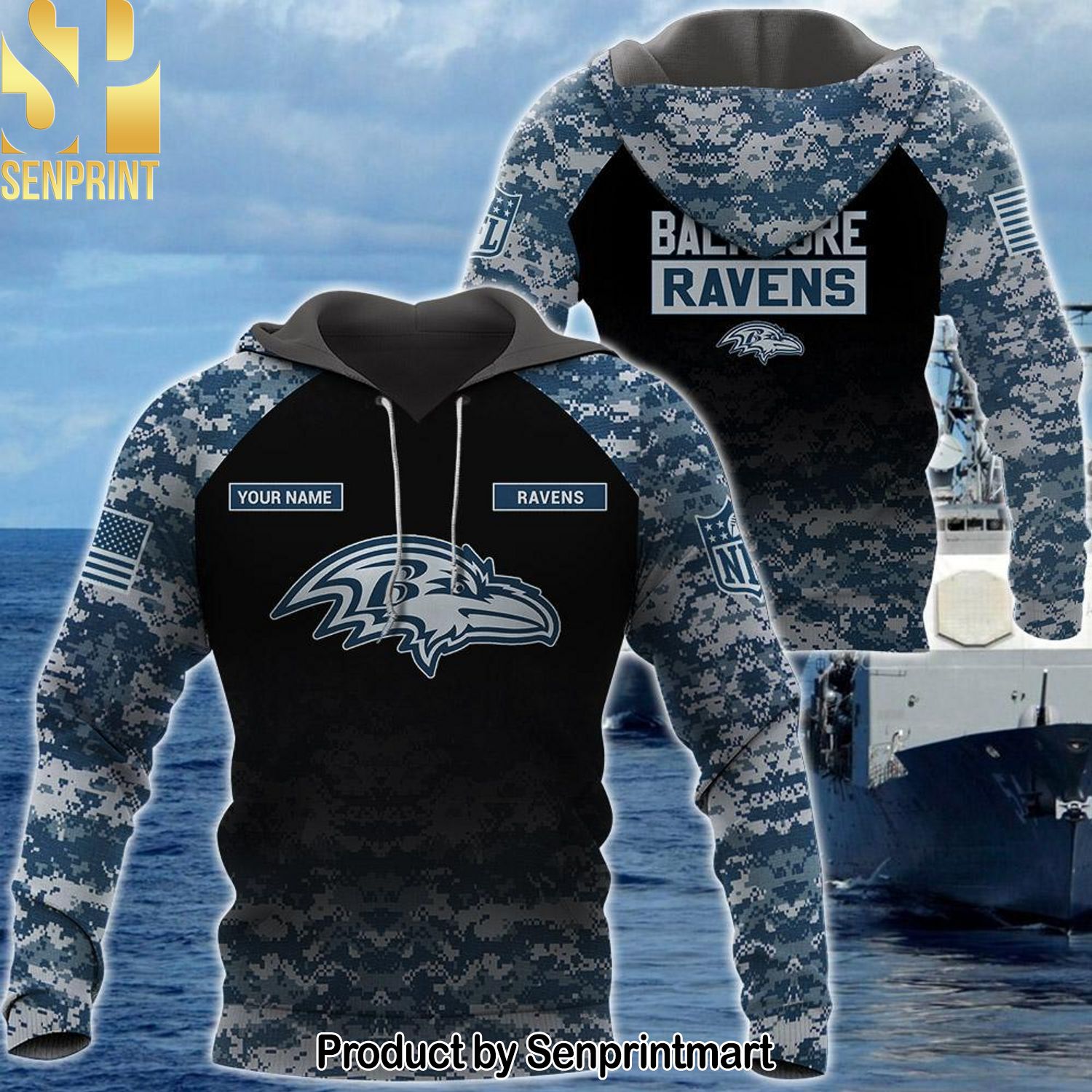 Personalized Your Name NFL Baltimore Ravens US Navy NWU Camouflage Full Printing Shirt