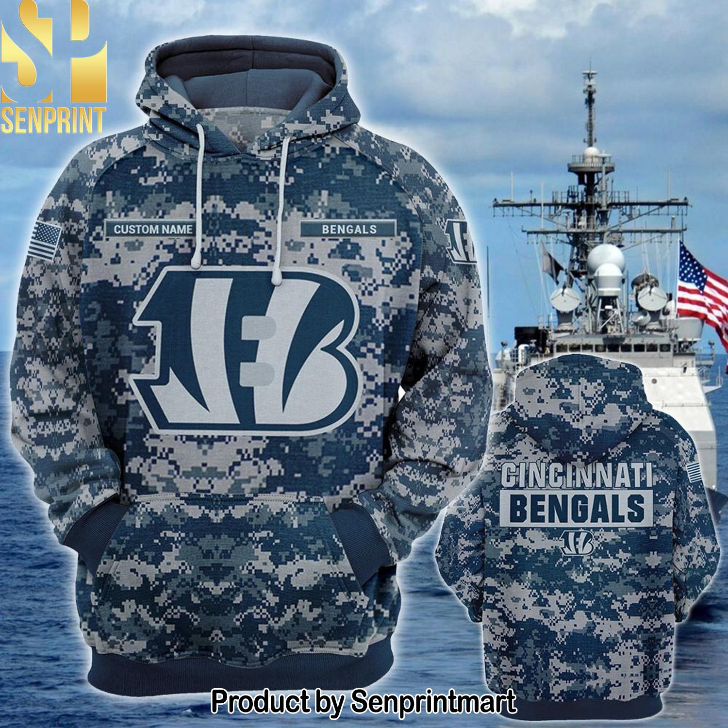 Personalized Your Name NFL Cincinnati Bengals US Navy NWU Camouflage Full Print Unisex Shirt