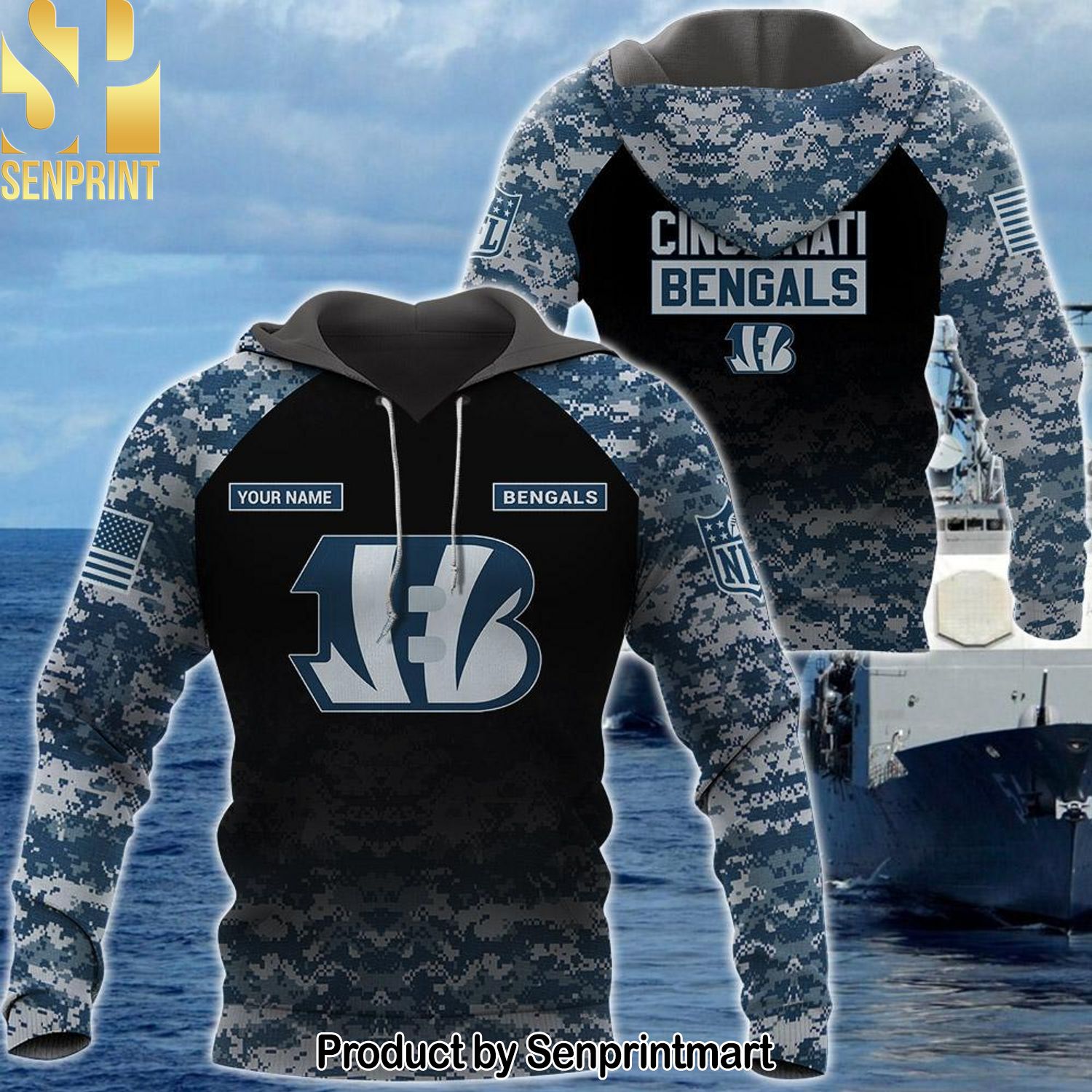 Personalized Your Name NFL Cincinnati Bengals US Navy NWU Camouflage Full Printed Unisex Shirt