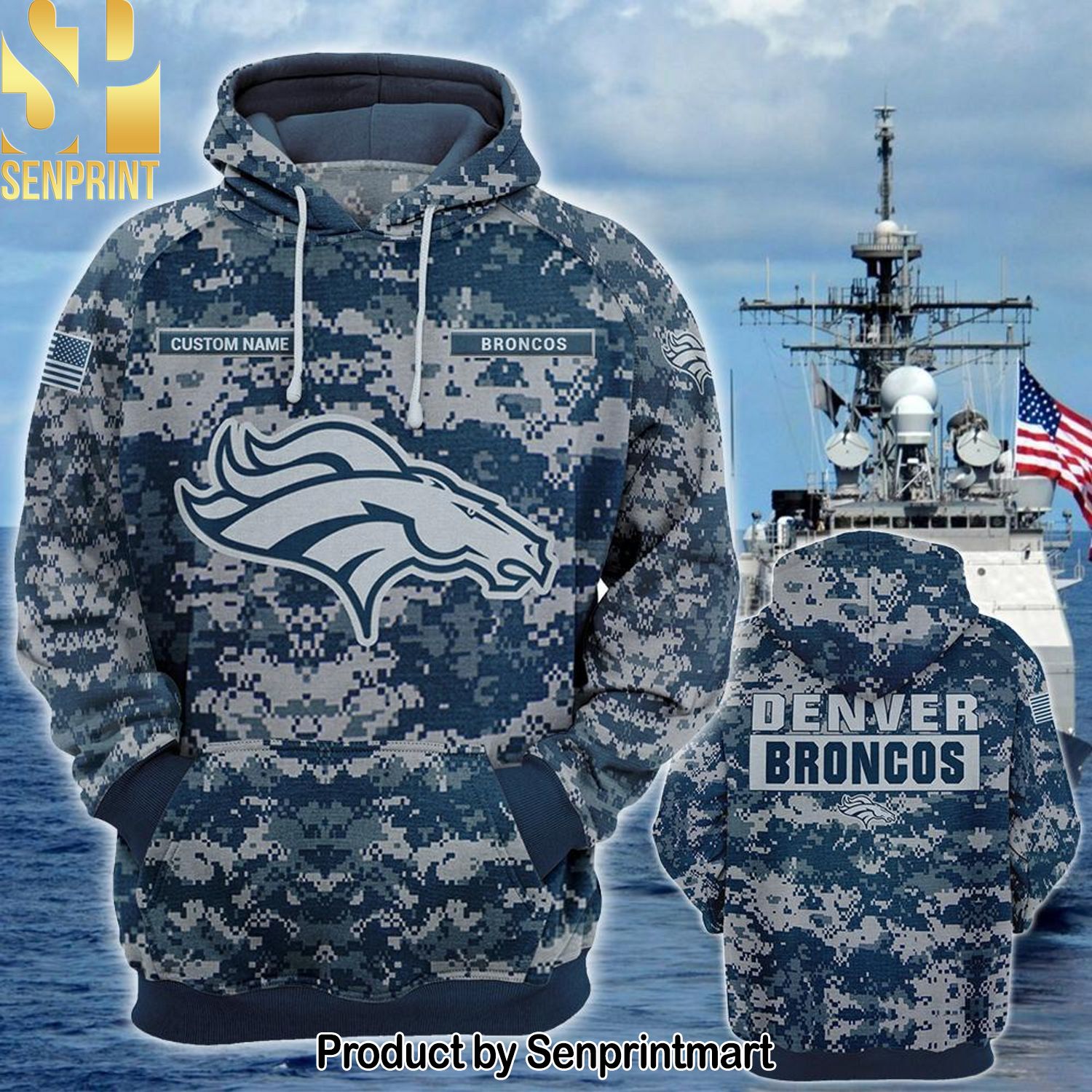 Personalized Your Name NFL Denver Broncos US Navy NWU Camouflage Classic All Over Printed Shirt