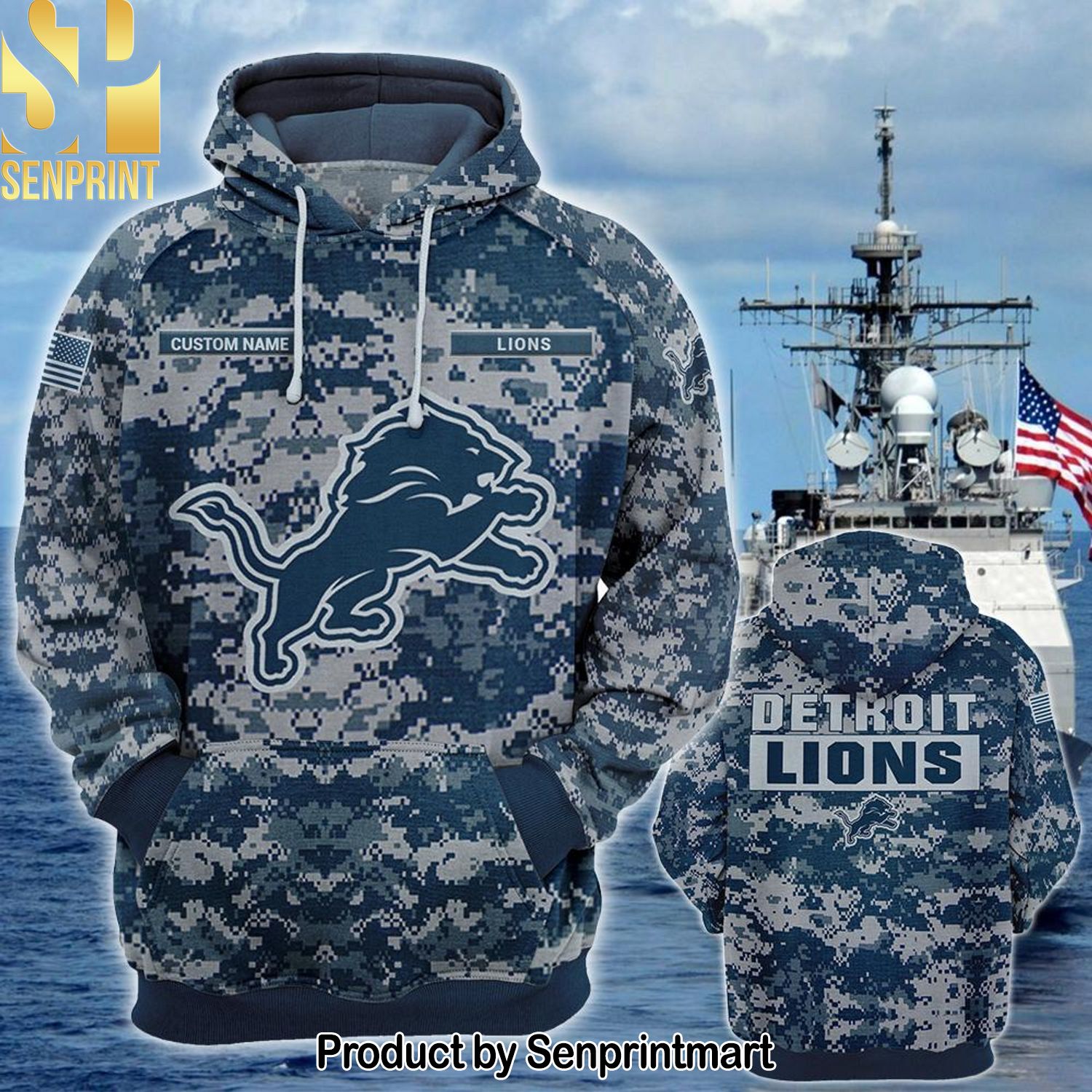 Personalized Your Name NFL Detroit Lions US Navy NWU Camouflage Classic Full Printed Shirt