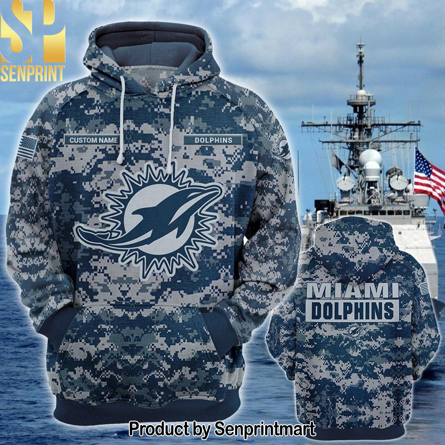 Personalized Your Name NFL Miami Dolphins US Navy NWU Camouflage Combo Full Printing Shirt