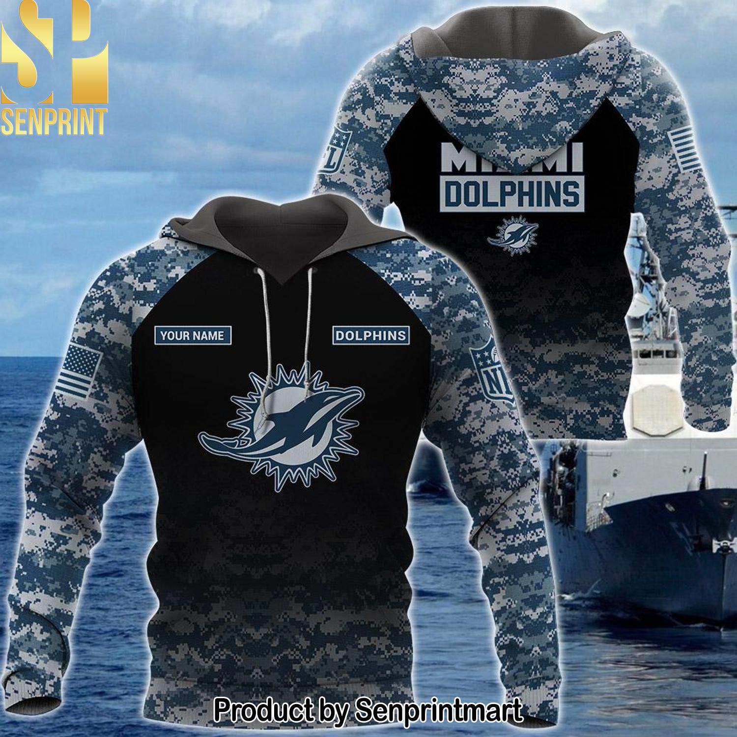 Personalized Your Name NFL Miami Dolphins US Navy NWU Camouflage Cool Version Full Print Shirt