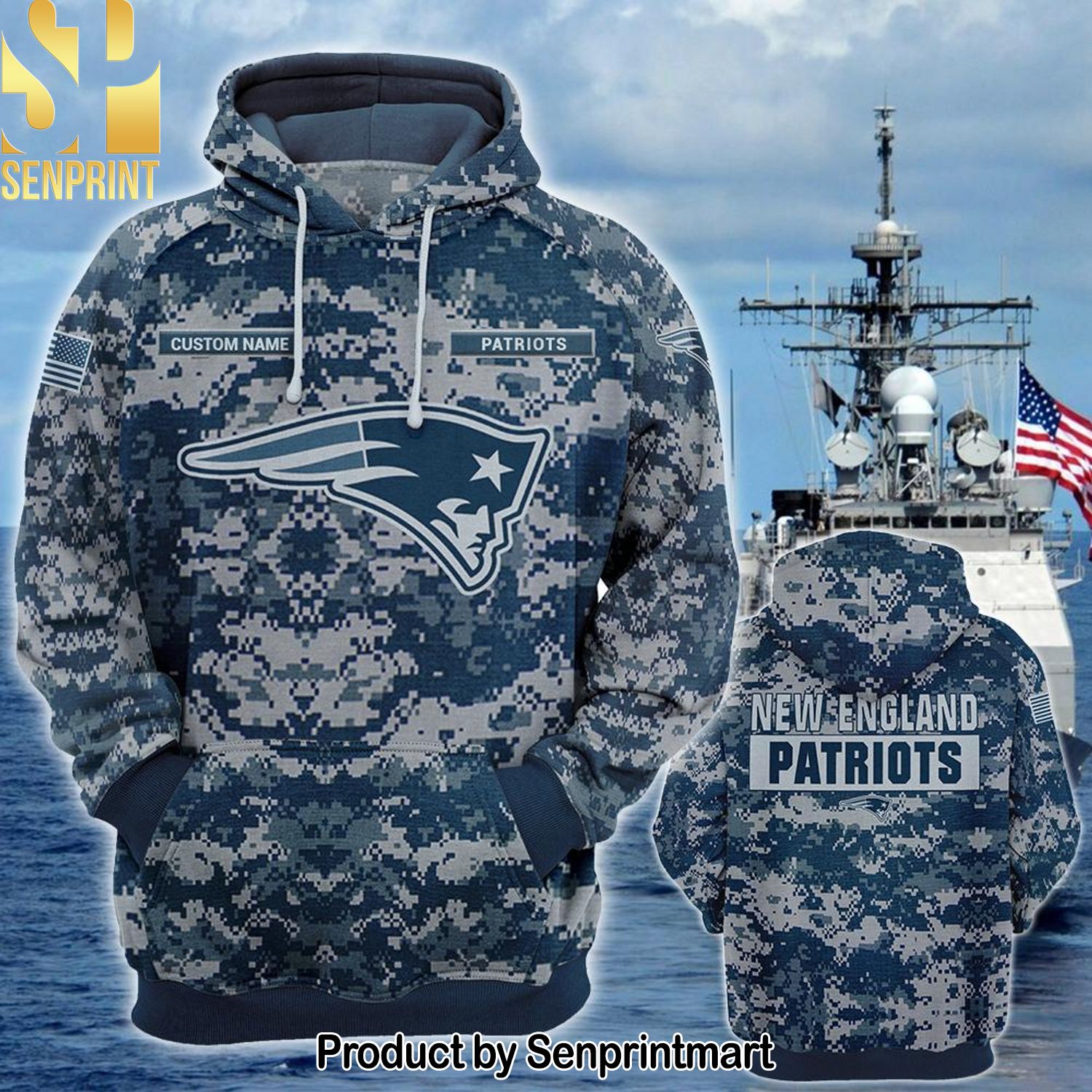 Personalized Your Name NFL New England Patriots US Navy NWU Camouflage All Over Print Shirt
