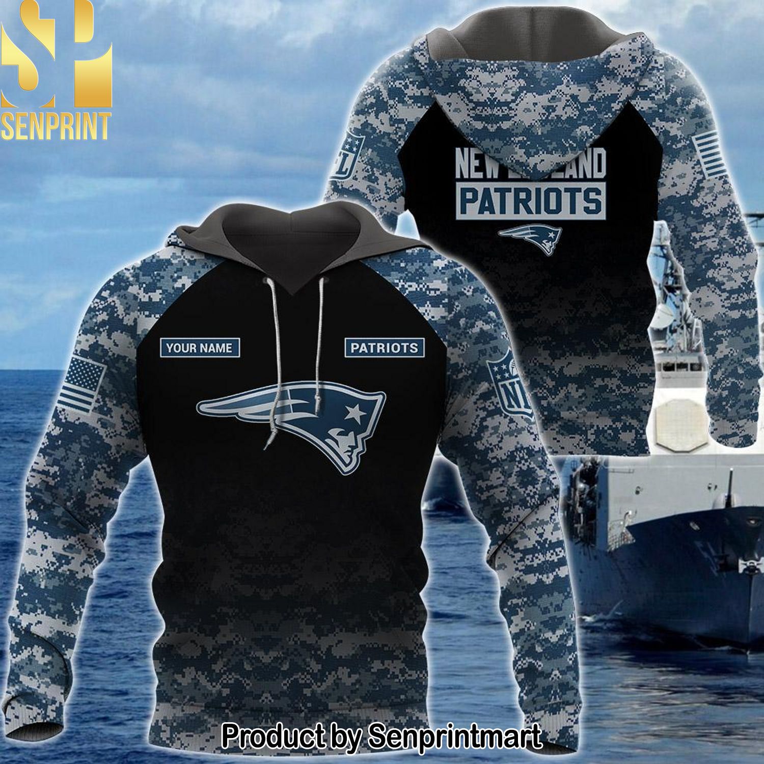 Personalized Your Name NFL New England Patriots US Navy NWU Camouflage All Over Printed Shirt