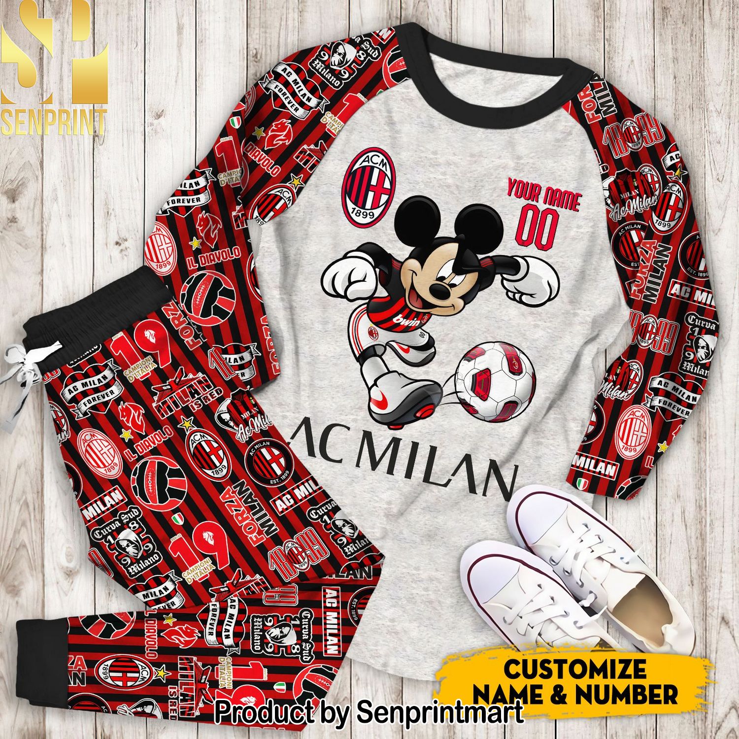 AC Milan Mickey Player Personalized name and number Full Printed Unisex Pajamas Set