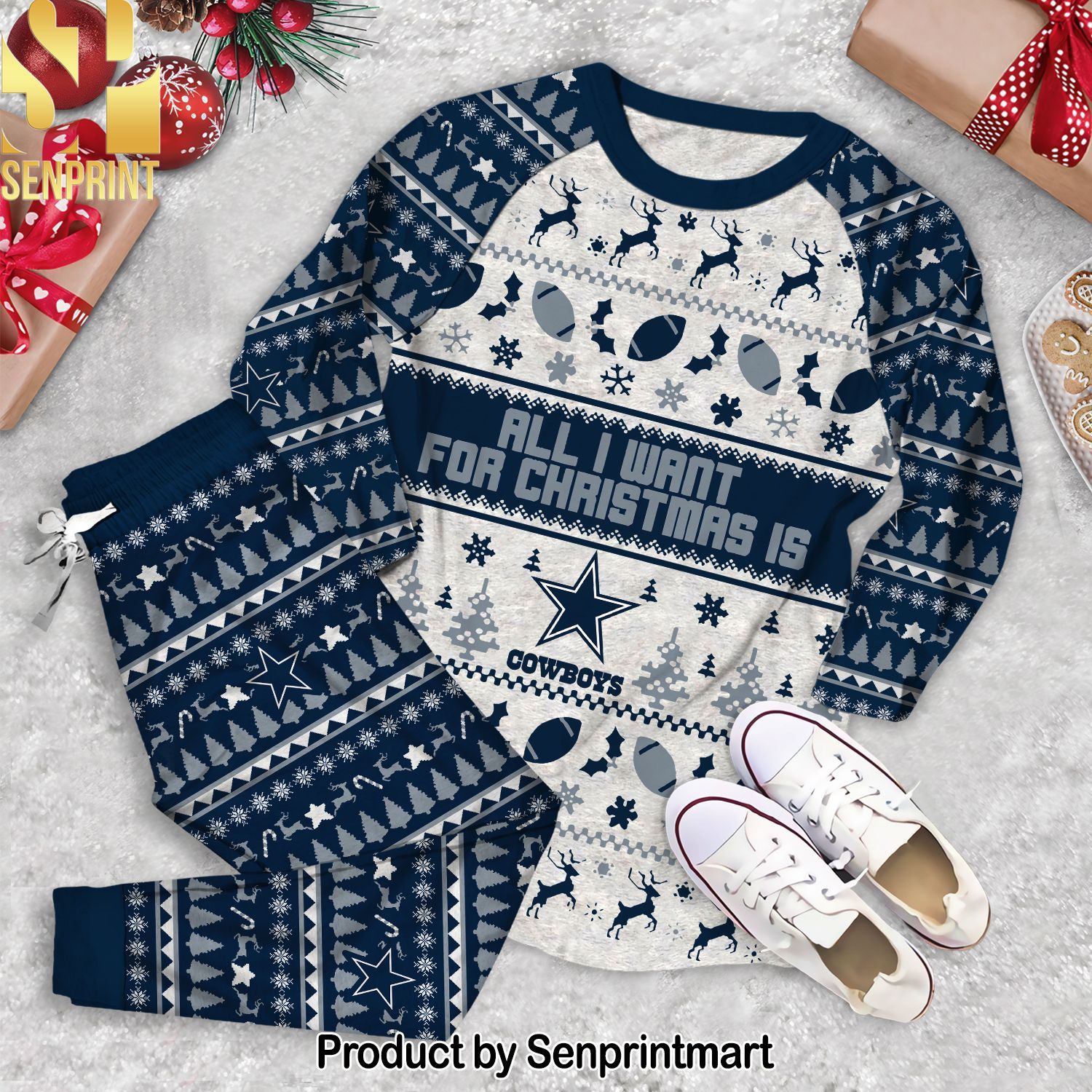All I Want For Christmas Is Dallas Cowboys Full Print Unisex Pajamas Set