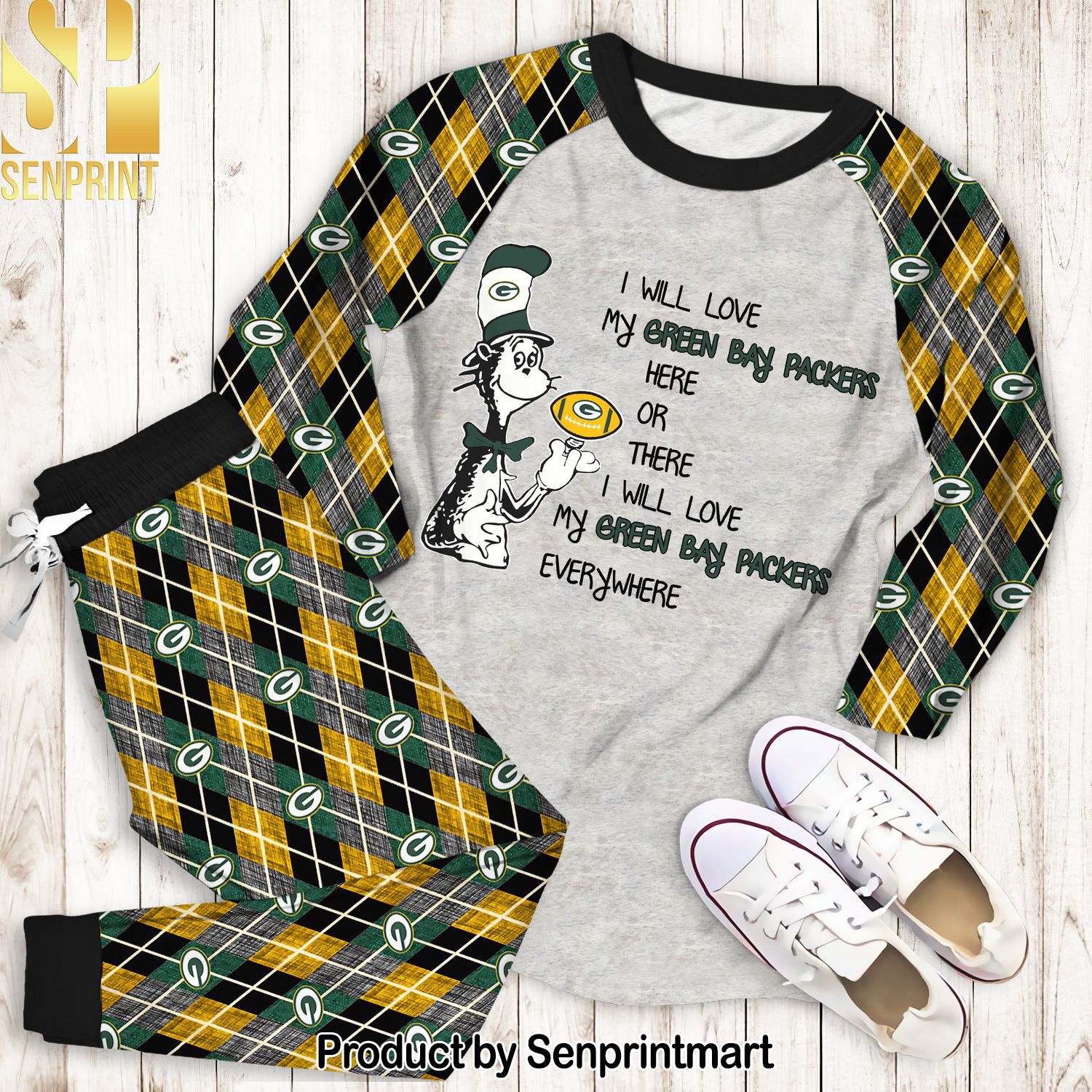 Dr Seuss Here Love Green Bay Packers Classic All Over Printed Pajamas Set