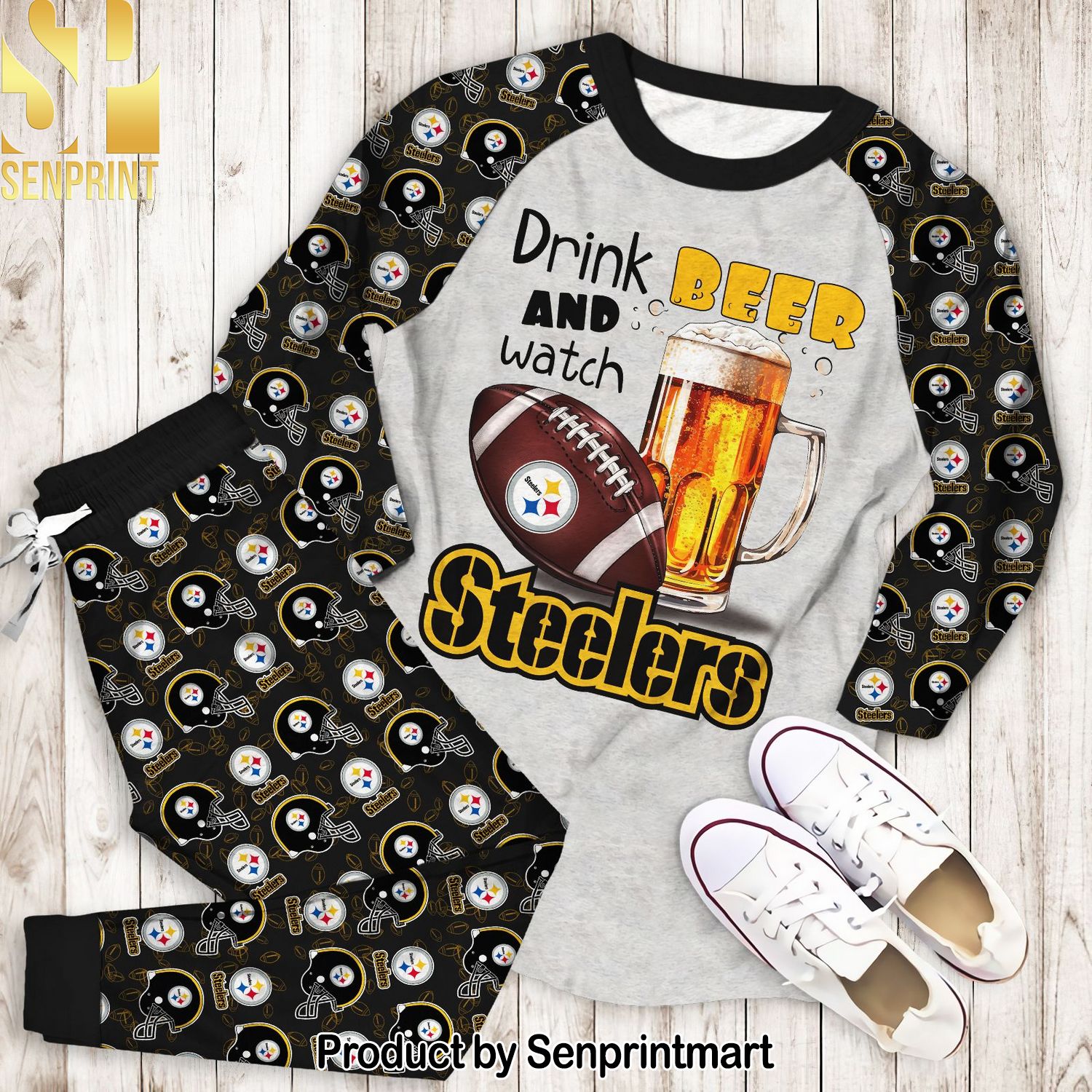 Drink beer and watch Pittsburgh Steelers Classic All Over Printed Pajamas Set