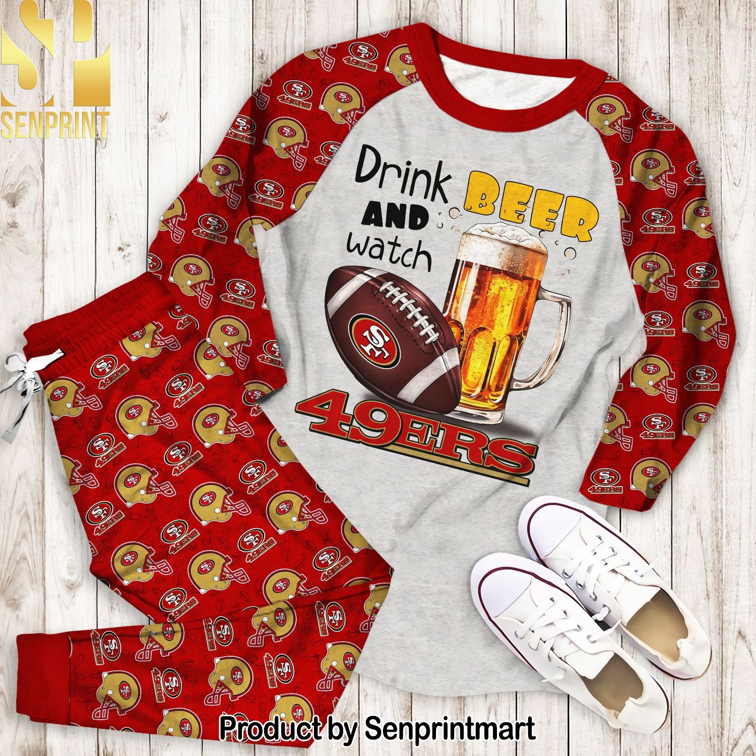 Drink beer and watch San Francisco 49ers Classic All Over Printed Pajamas Set