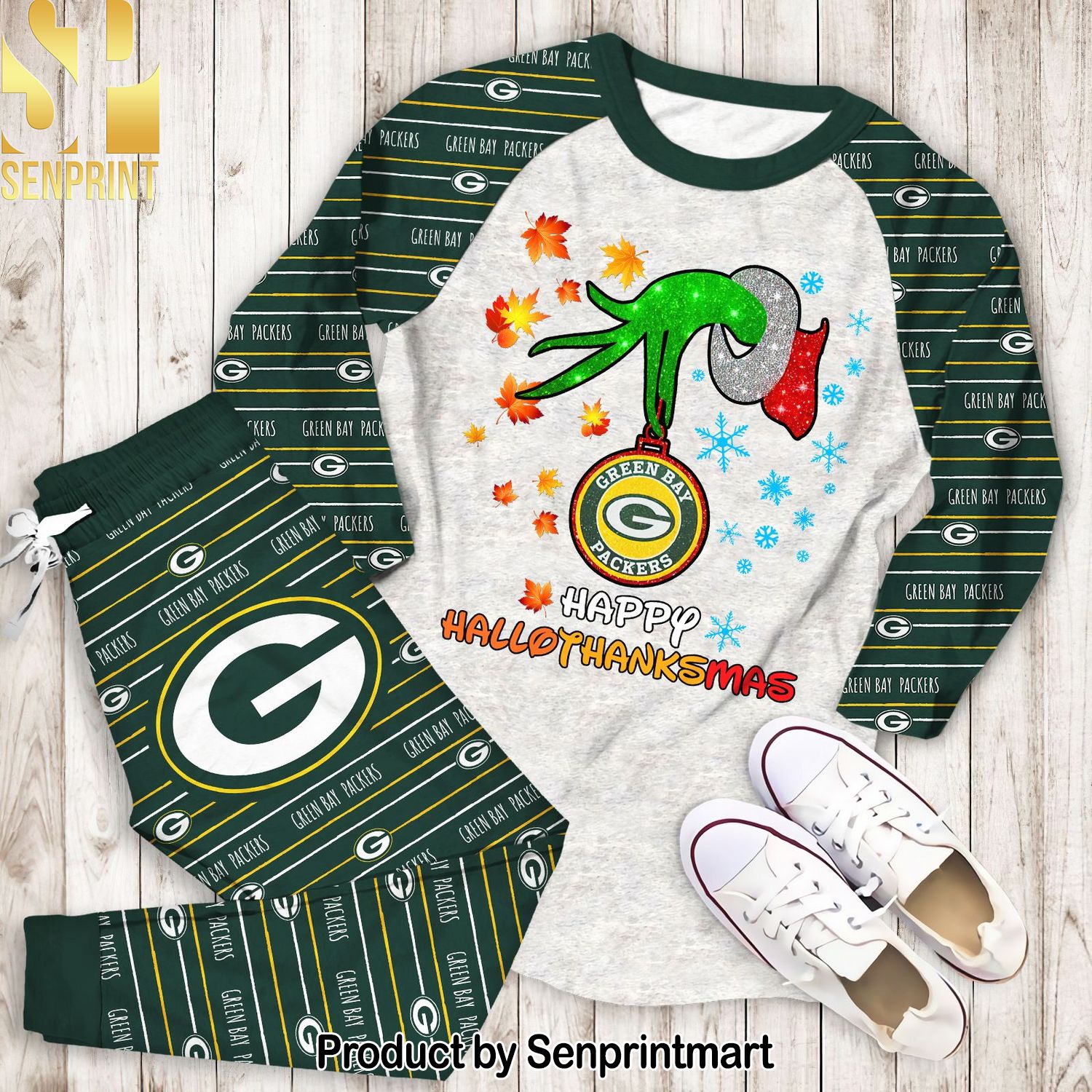 Happy HalloThankmas Grinch Green Bay Packers 3D All Over Print Pajamas Set