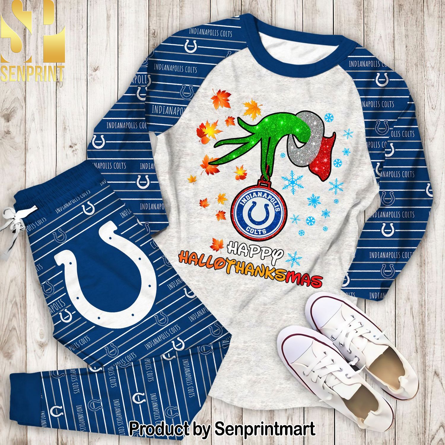 Happy HalloThankmas Grinch Indianapolis Colts All Over Print 3D Pajamas Set